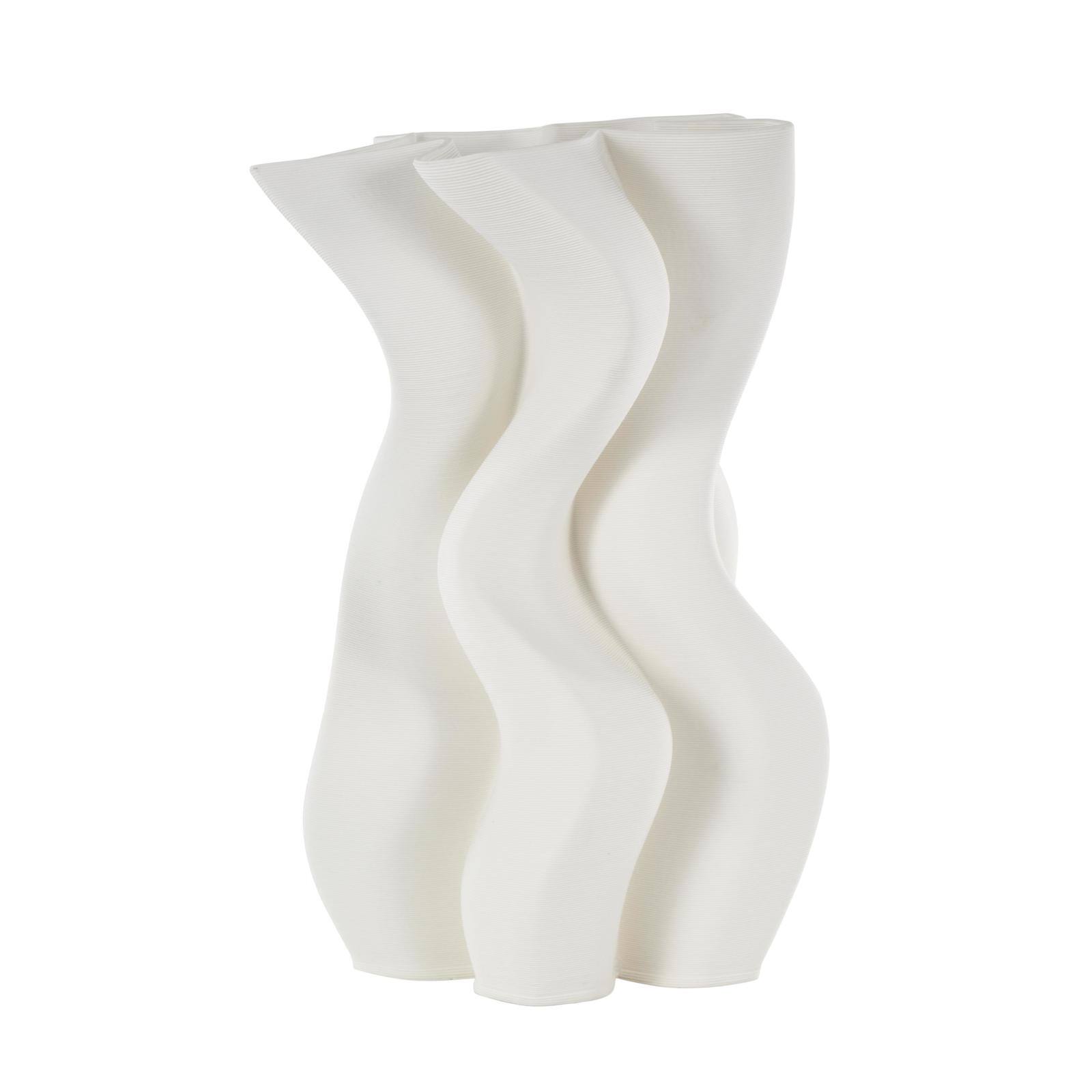 White Ceramic Abstract Ribbed Dimensional Wavy Vase with Floral Shaped Rim