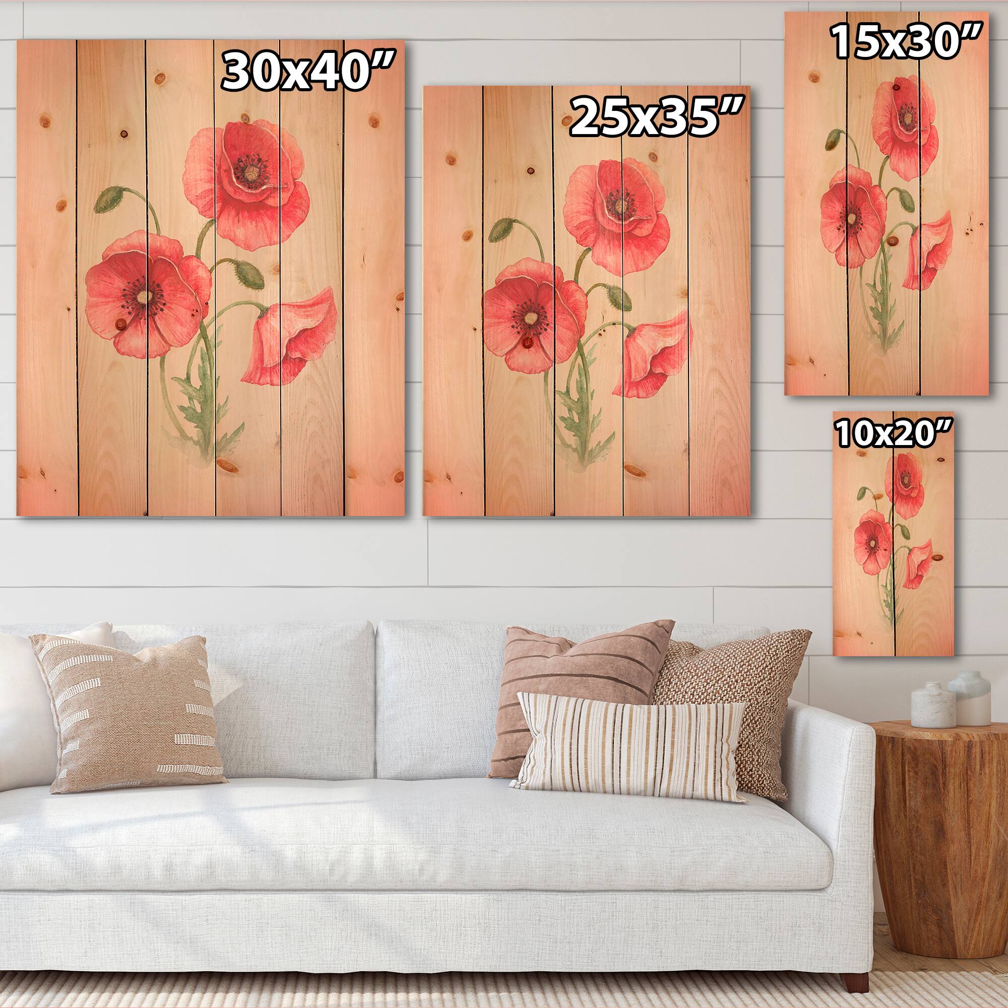 Designart - Retro Poppy Flowers - Vintage Print on Natural Pine Wood
