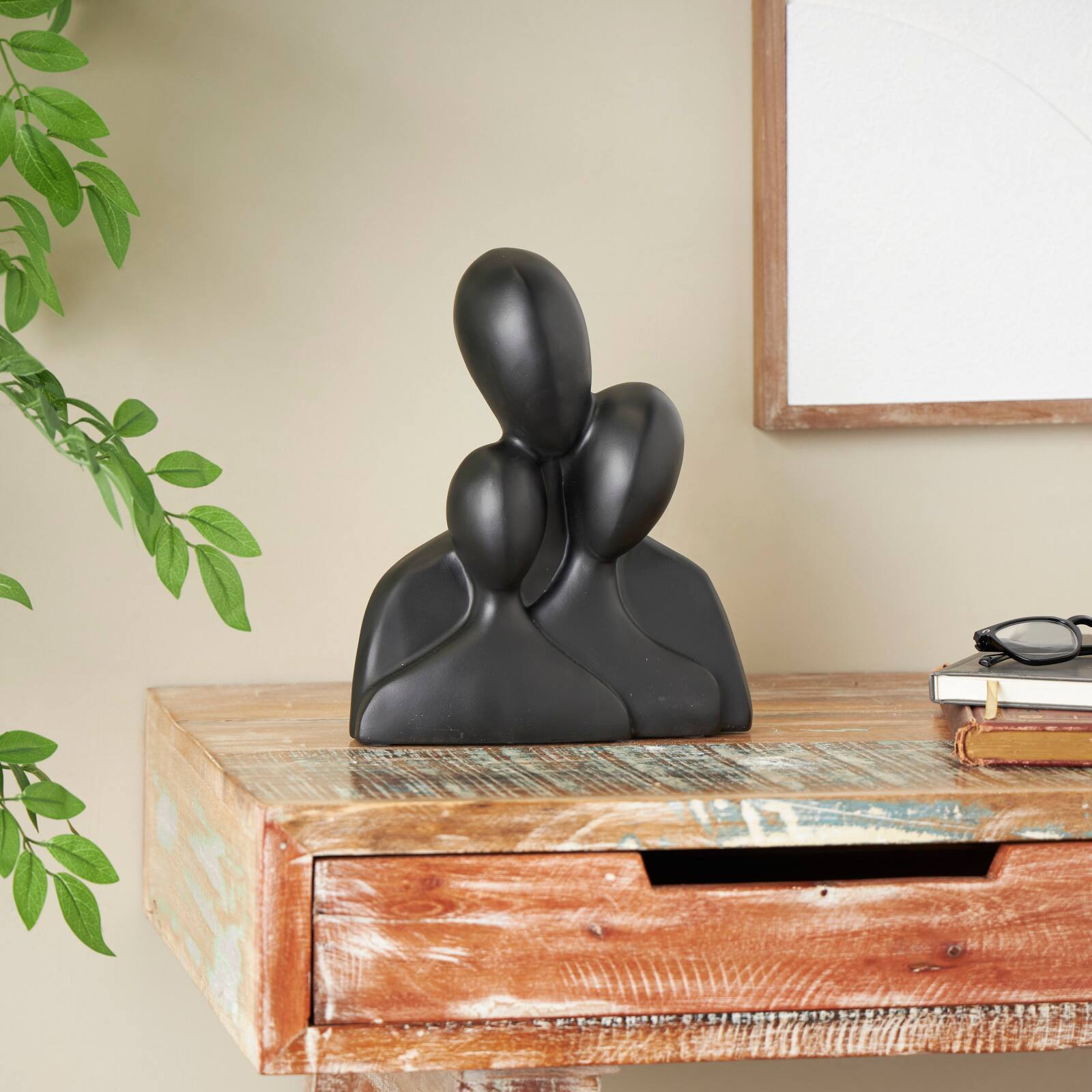 11&#x22; Black Polystone Abstract Nesting Family 3-Head Sculpture