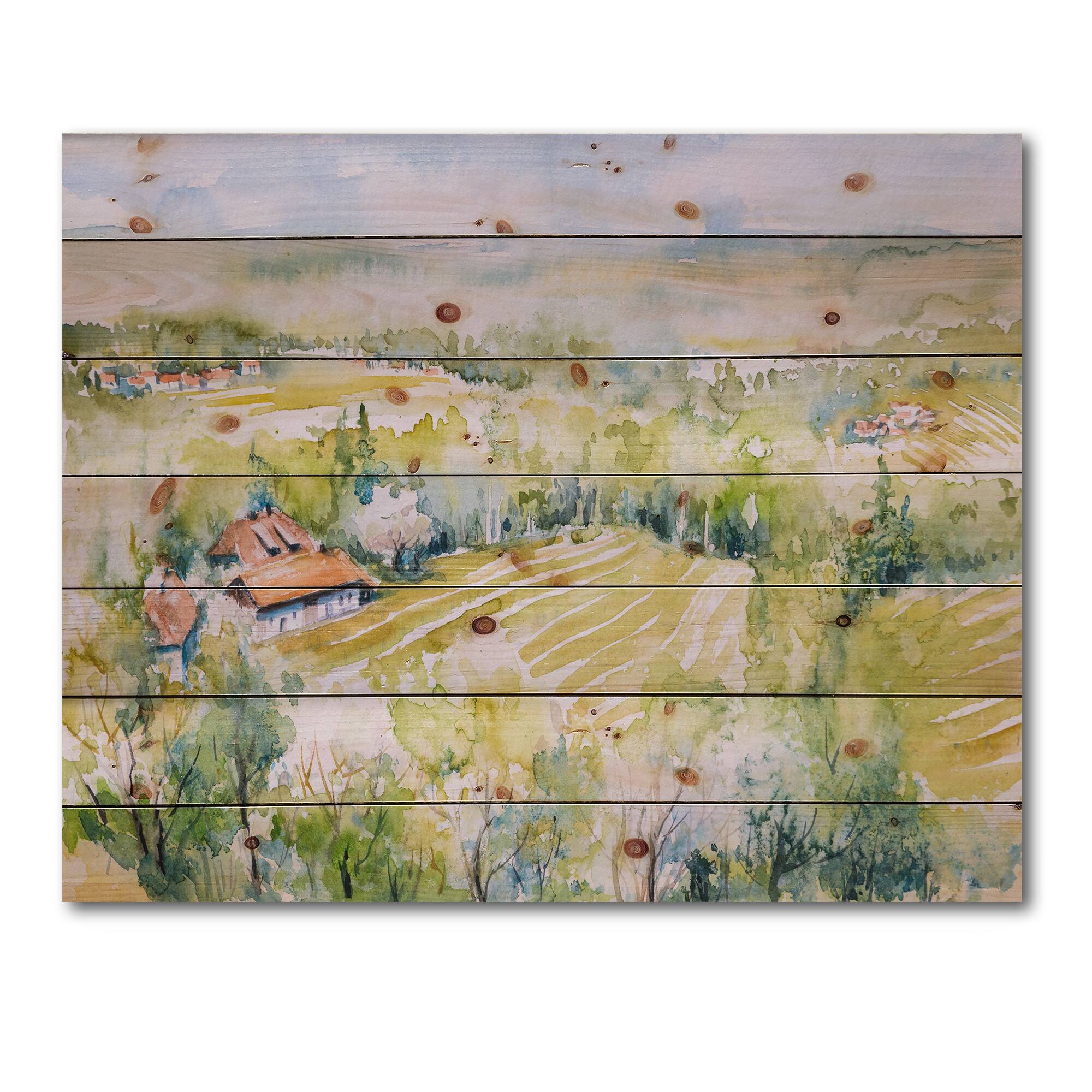 Designart - Blossoming Green Fields In Countryside - Country Print on Natural Pine Wood