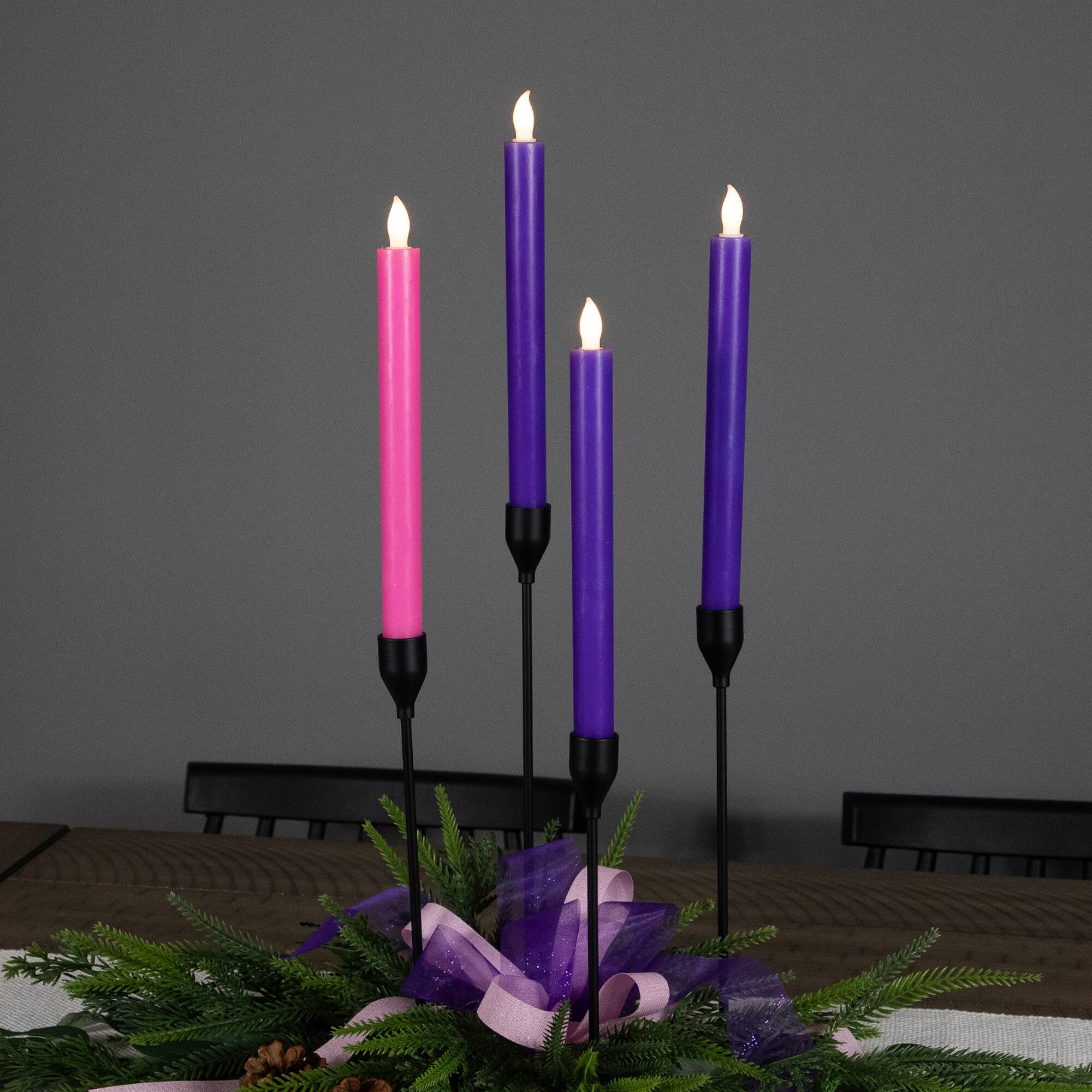 Set of 4 Purple and Pink Flickering LED Christmas Advent Wax Taper Candles 9.5"
