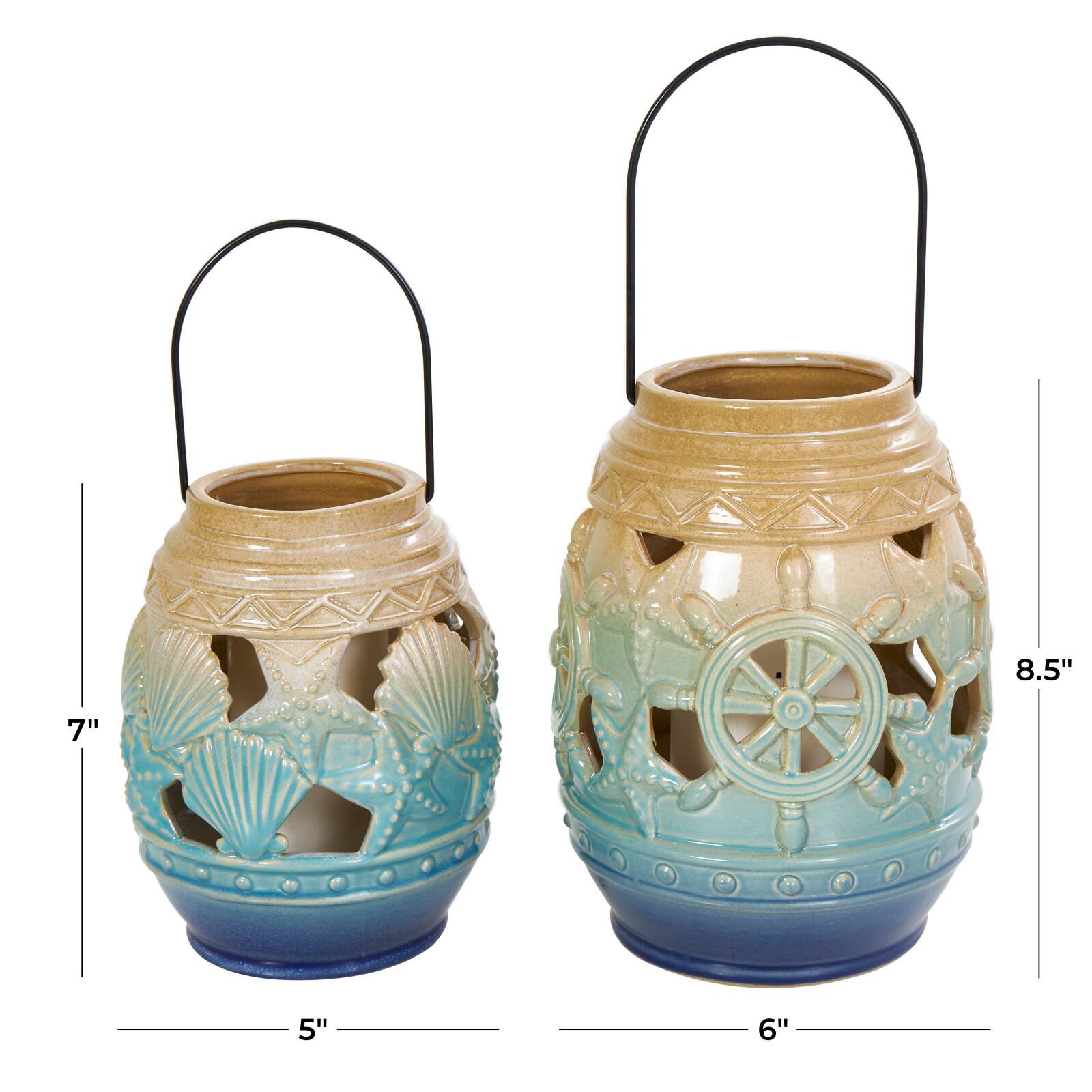 Blue Ceramic Ombre Nautical Cutout Candle Lantern Set