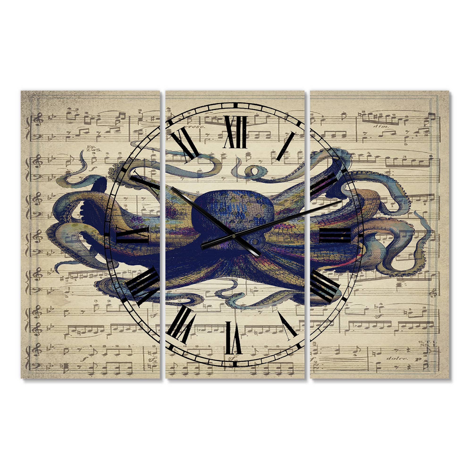 Designart 'Octopus Music Score I Oversized Nautical & Coastal Multipanel Wall Clock