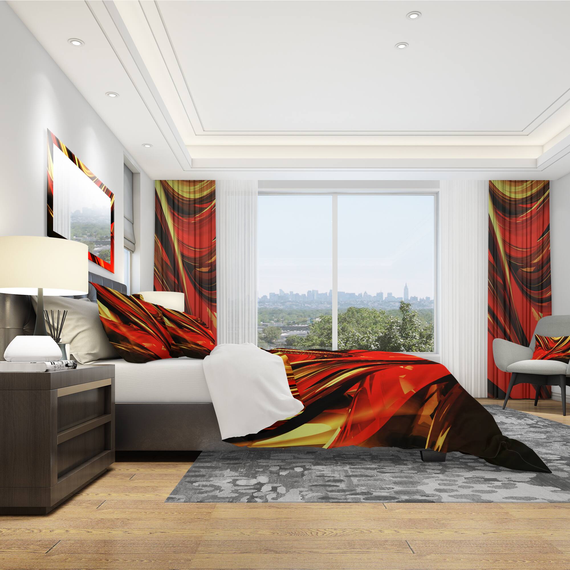 Designart &#x27;Fire Lines Red Abstract&#x27; Modern &#x26; Contemporary Bedding Set - Duvet Cover &#x26; Shams