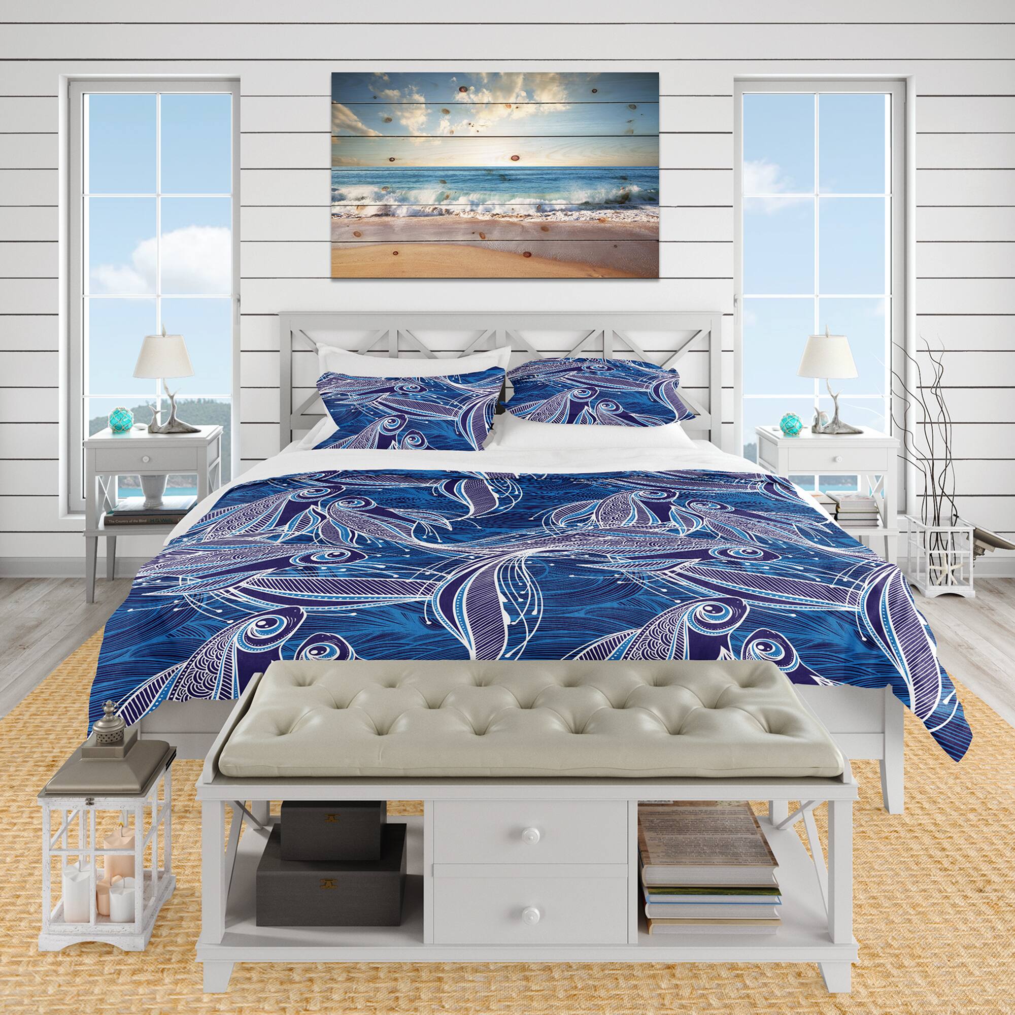 Designart &#x27;Blue Pattern with Fantastic Fishes&#x27; Nautical &#x26; Coastal Bedding Set - Duvet Cover &#x26; Shams