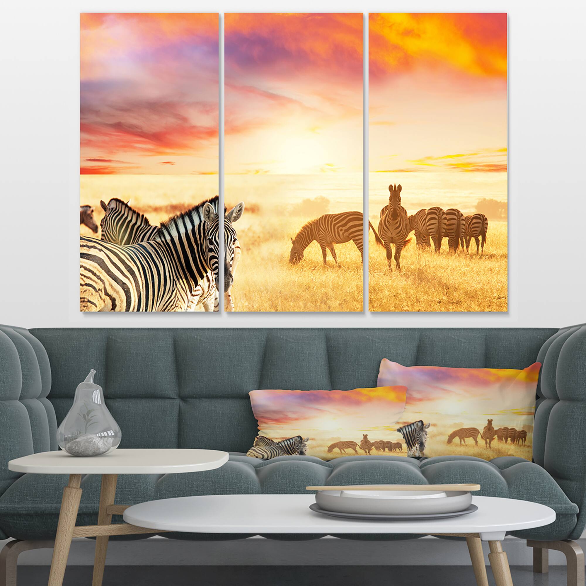 Designart - Cute Zebras Grazing in Grassland - Animal Canvas Art Print
