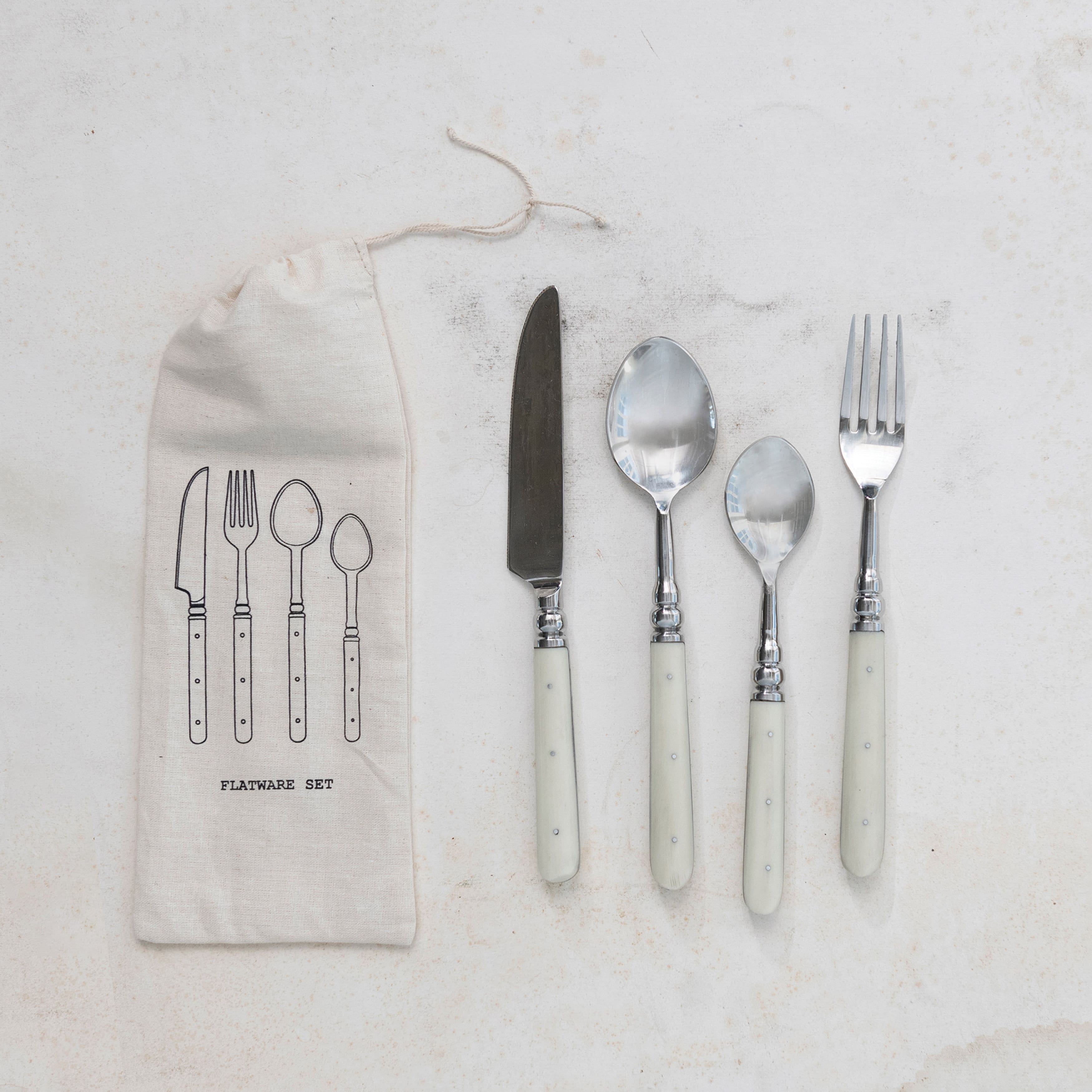 Cream Farmhouse Stainless Steel Cutlery Set in Drawstring Bag