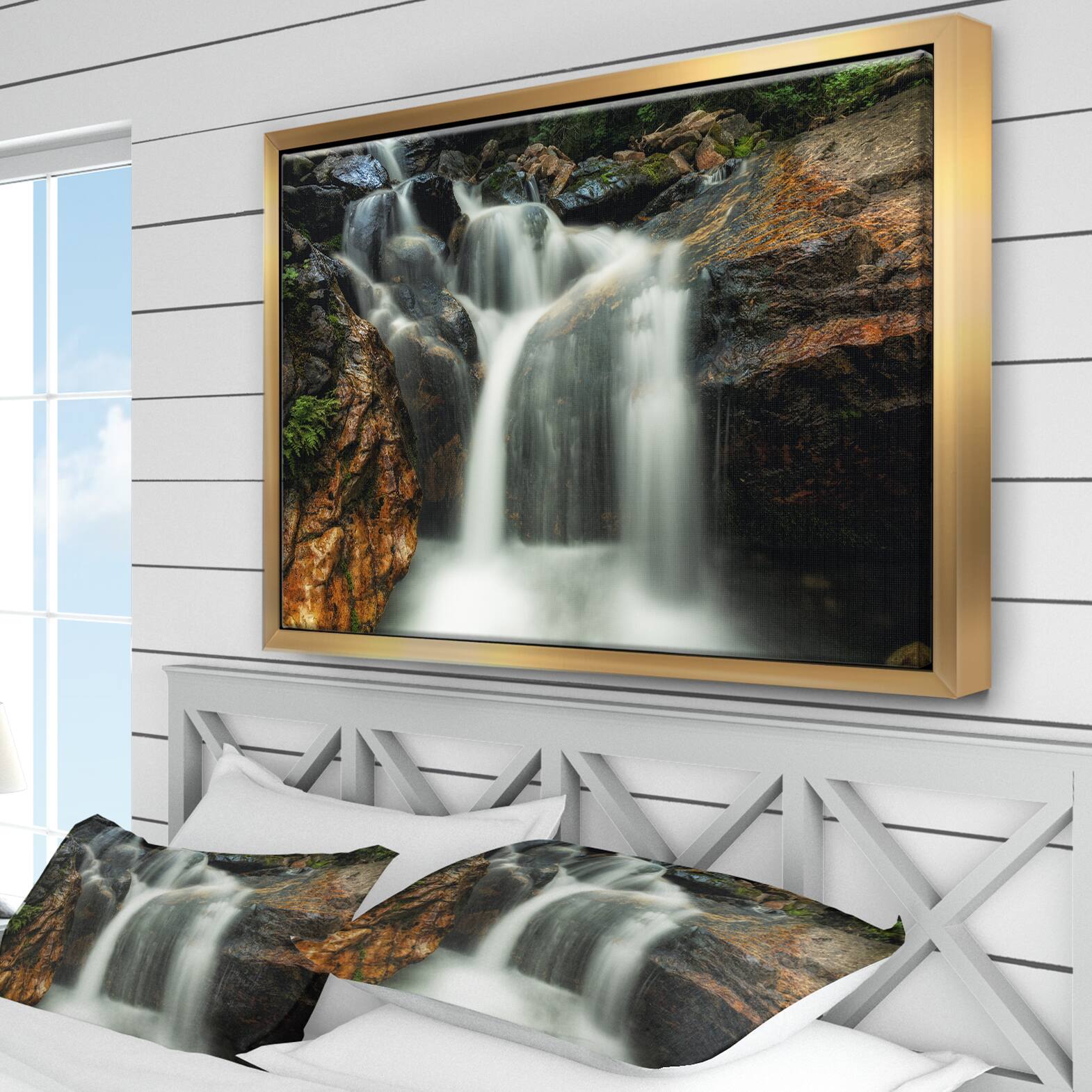Designart - Slow Motion Waterfall on Rocks - Landscape Framed Canvas Art Print