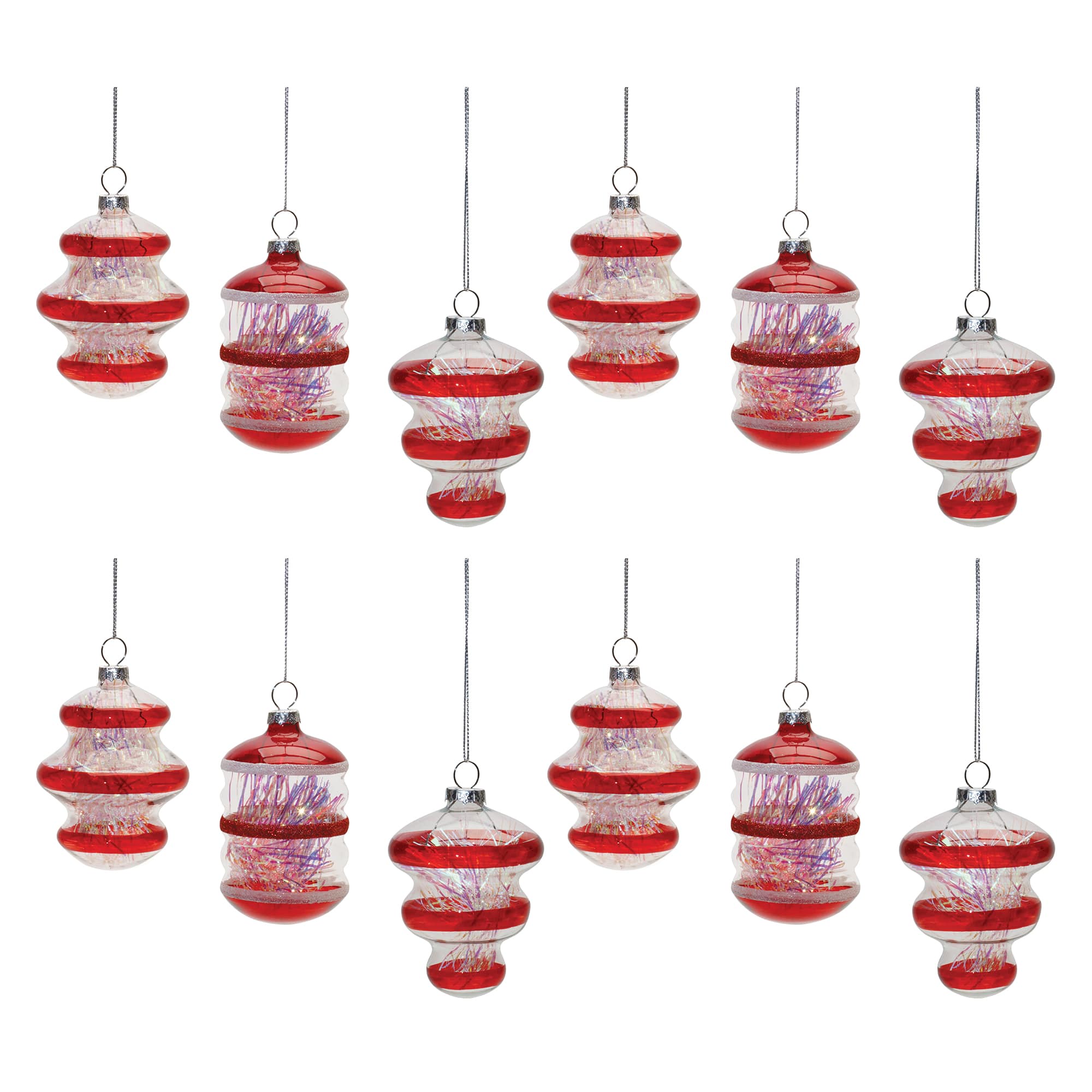 Red Finial with Tinsel Filling Glass Ornaments Set