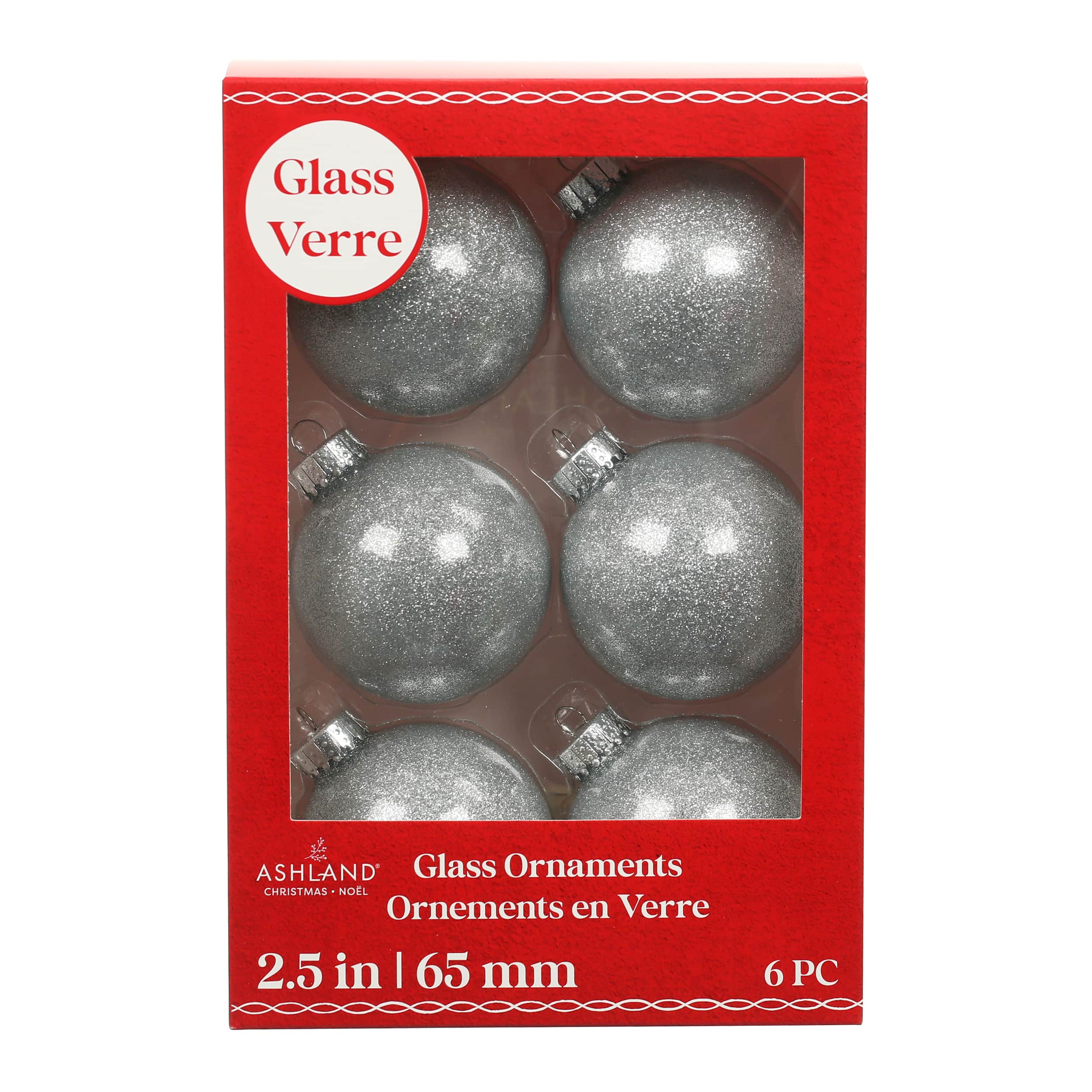 6 Pack 2.5&#x22; Silver Glitter Glass Ball Ornaments by Ashland&#xAE;