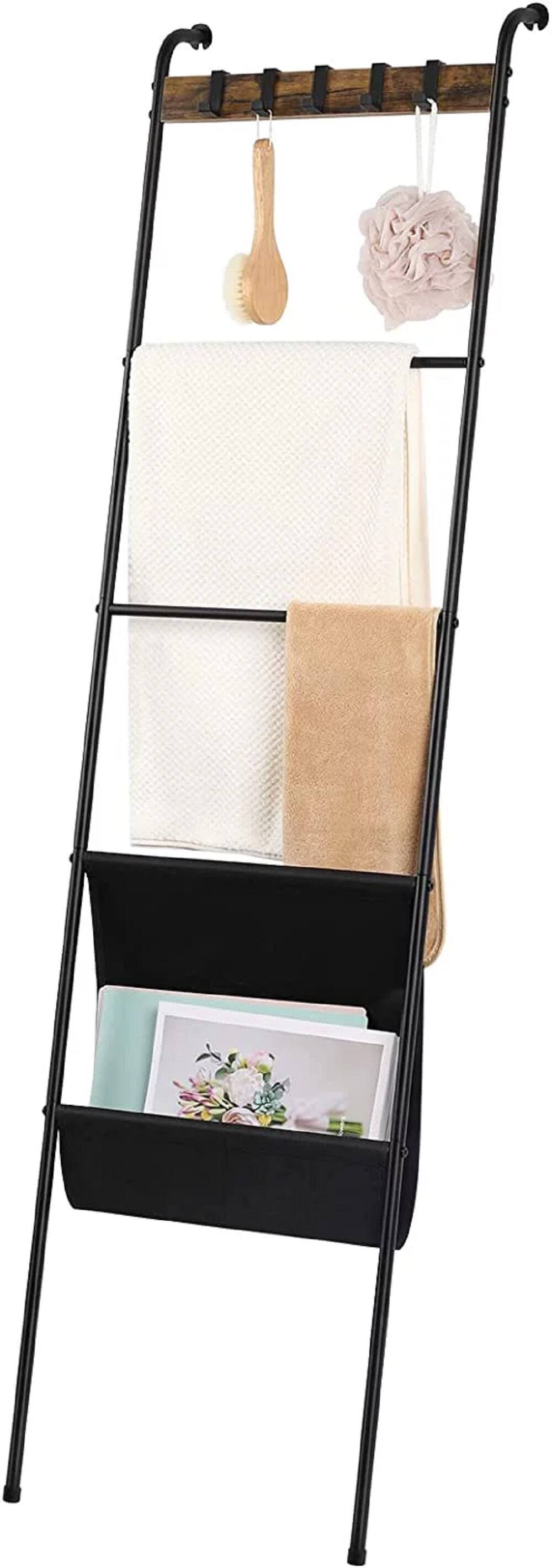 NEX™ 64.5" Farmhouse Decorative Ladder with 5 Hooks & Pocket