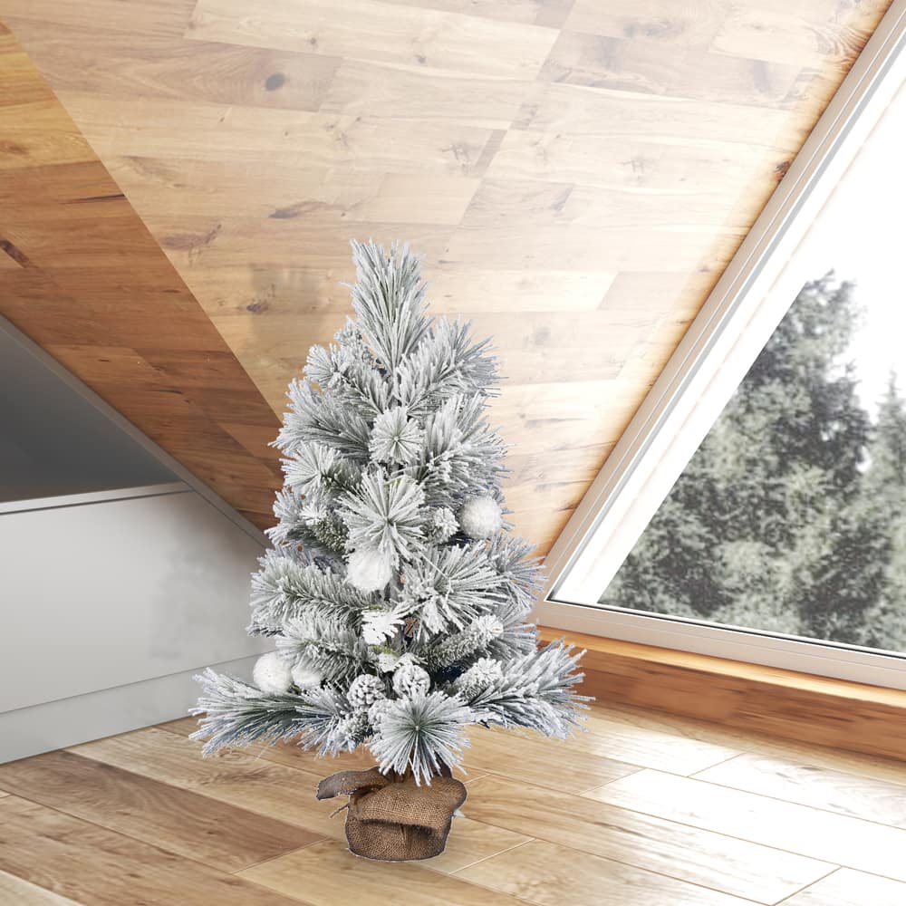 3ft. Unlit Frosted Beacon Pine with Snowballs & Pinecones Artificial Christmas Tree in Burlap Base