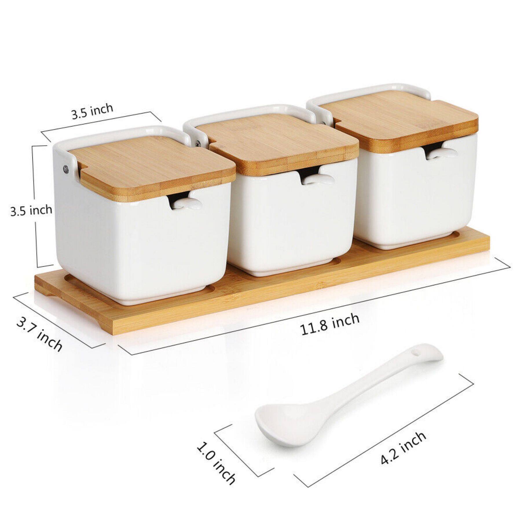 White Ceramic Sugar Bowl With Bamboo Lid & Tray - 12oz Kitchen Container With Spoon