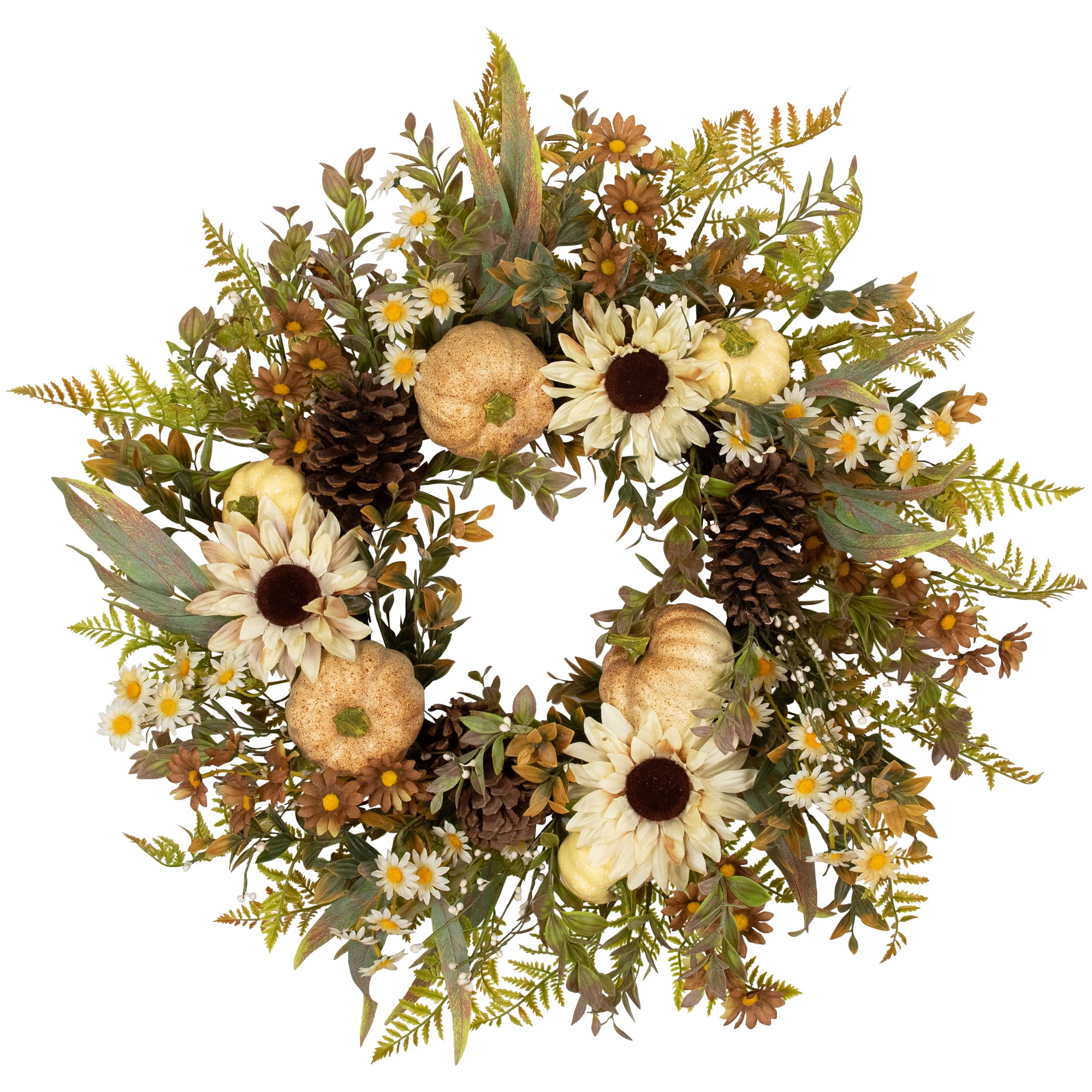 28" White Sunflowers & Pumpkins Fall Harvest Wreath