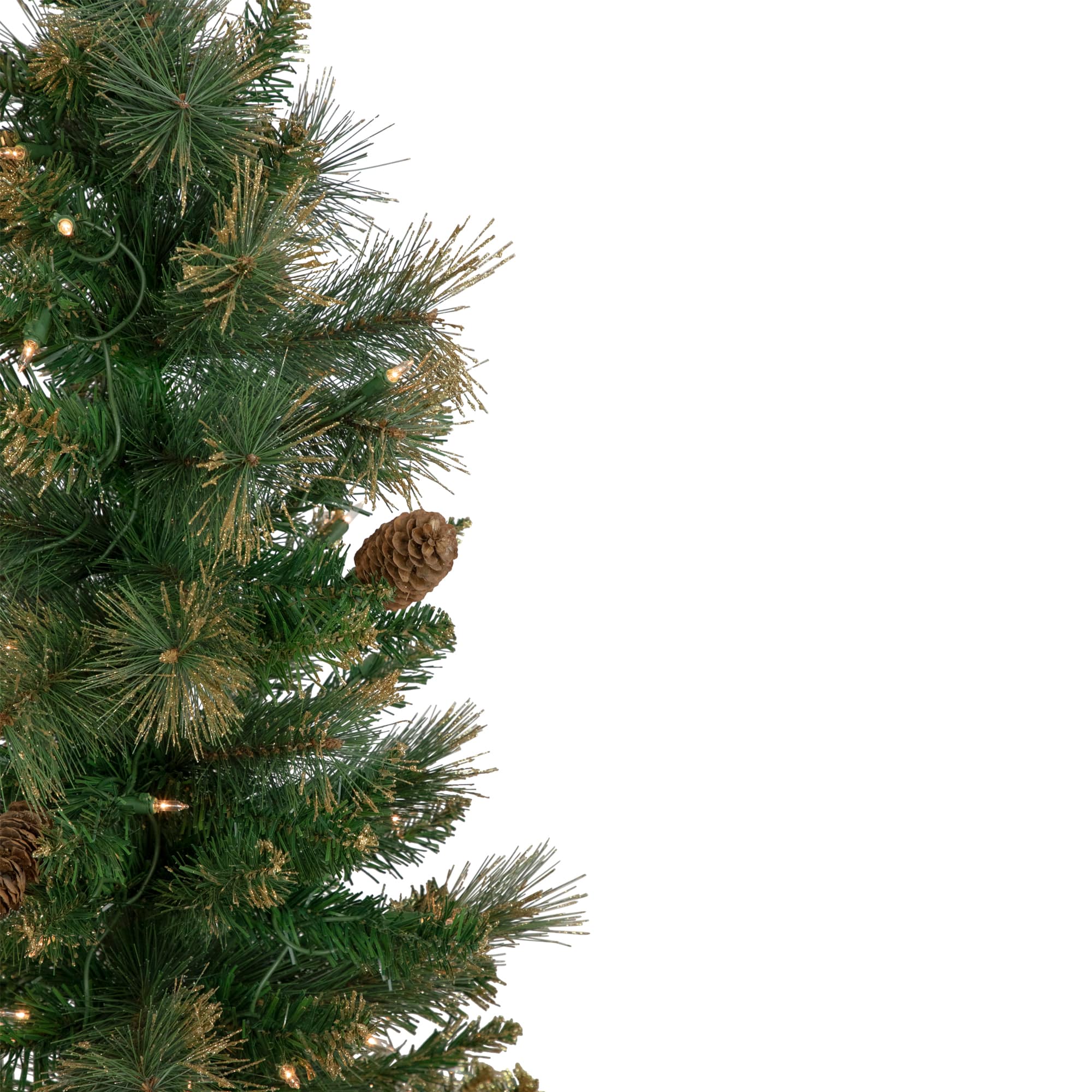 7ft. Pre-Lit Yorkshire Pine Pencil Artificial Christmas Tree with Pinecones &#x26; Gold Glitter, Clear Lights