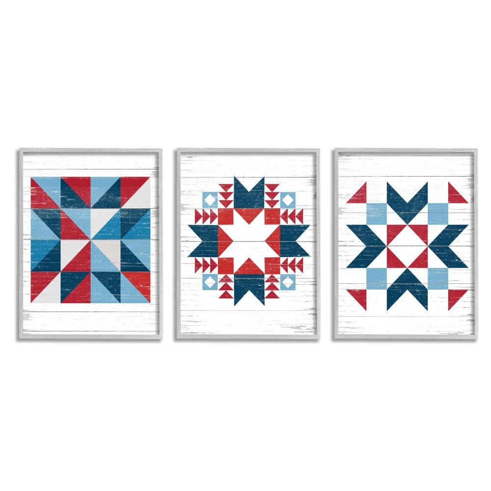 Stupell Industries Geometric Triangular Quilt Pattern Design Red White Blue in Gray Frame Wall Art