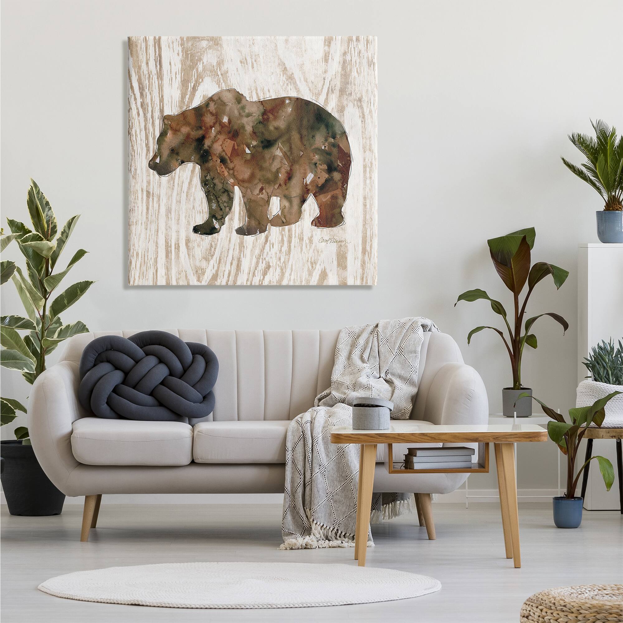 Stupell Industries Forest Bear Watercolor Silhouette Rustic Grain Pattern Canvas Wall Art
