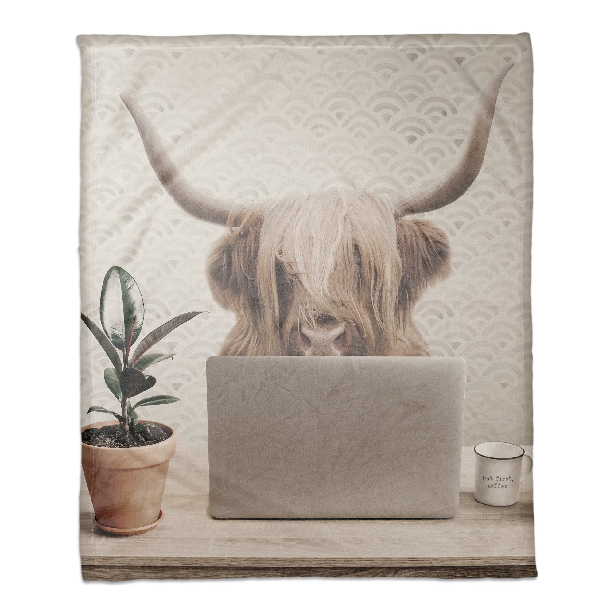 50" x 60" Cow at Desk Laptop Coral Fleece Blanket