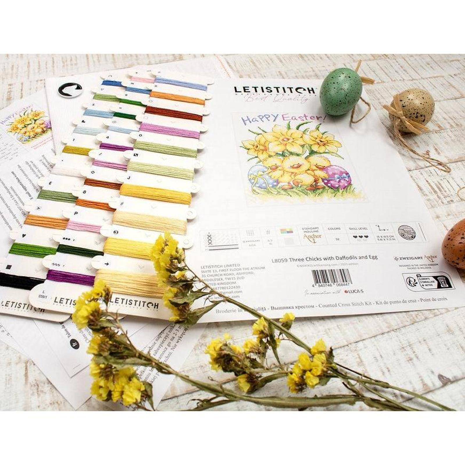 LetiStitch Three Chicks with Daffodils & Egg Counted Cross Stitch Kit