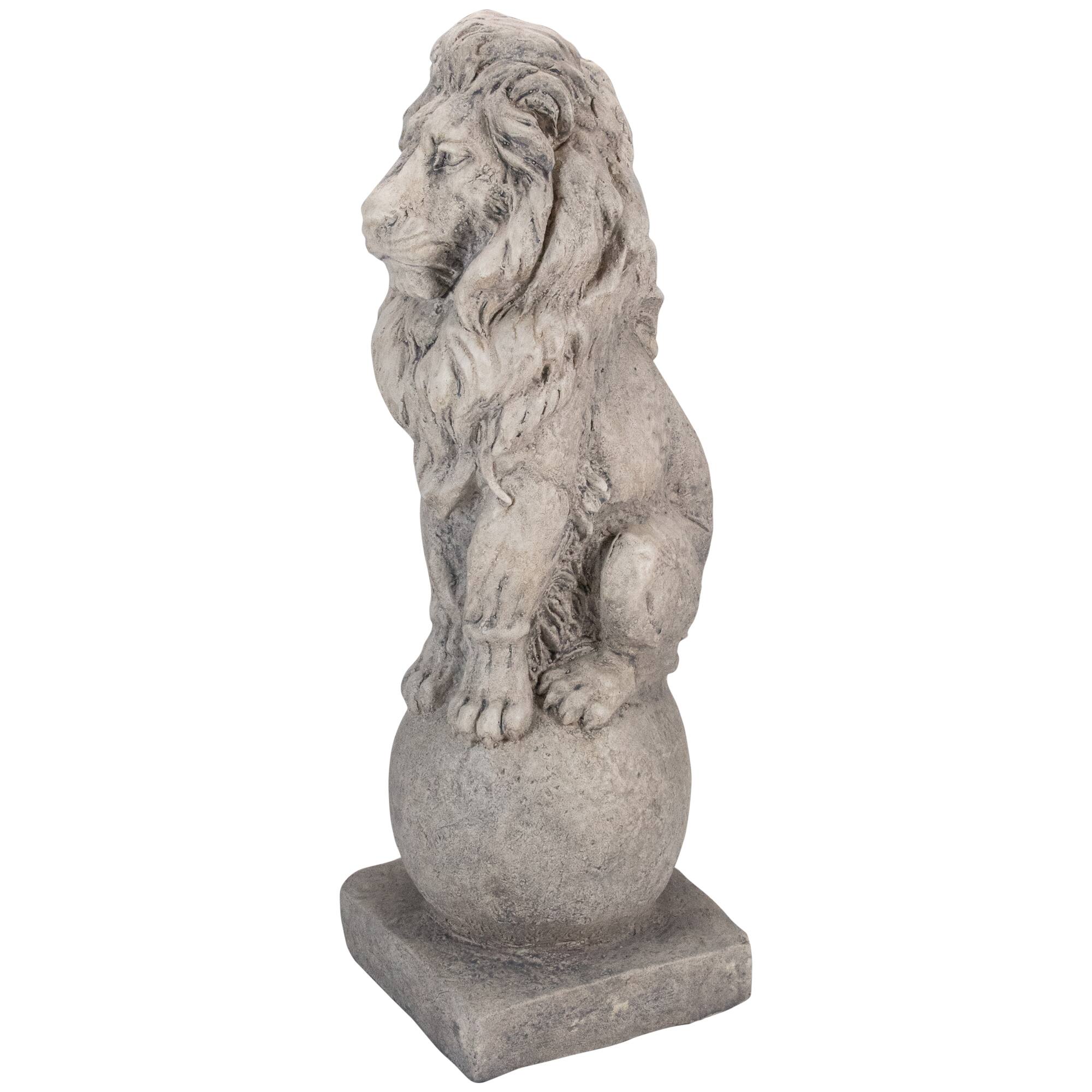 18" Lion Sitting on Ball Pedestal Outdoor Garden Statue