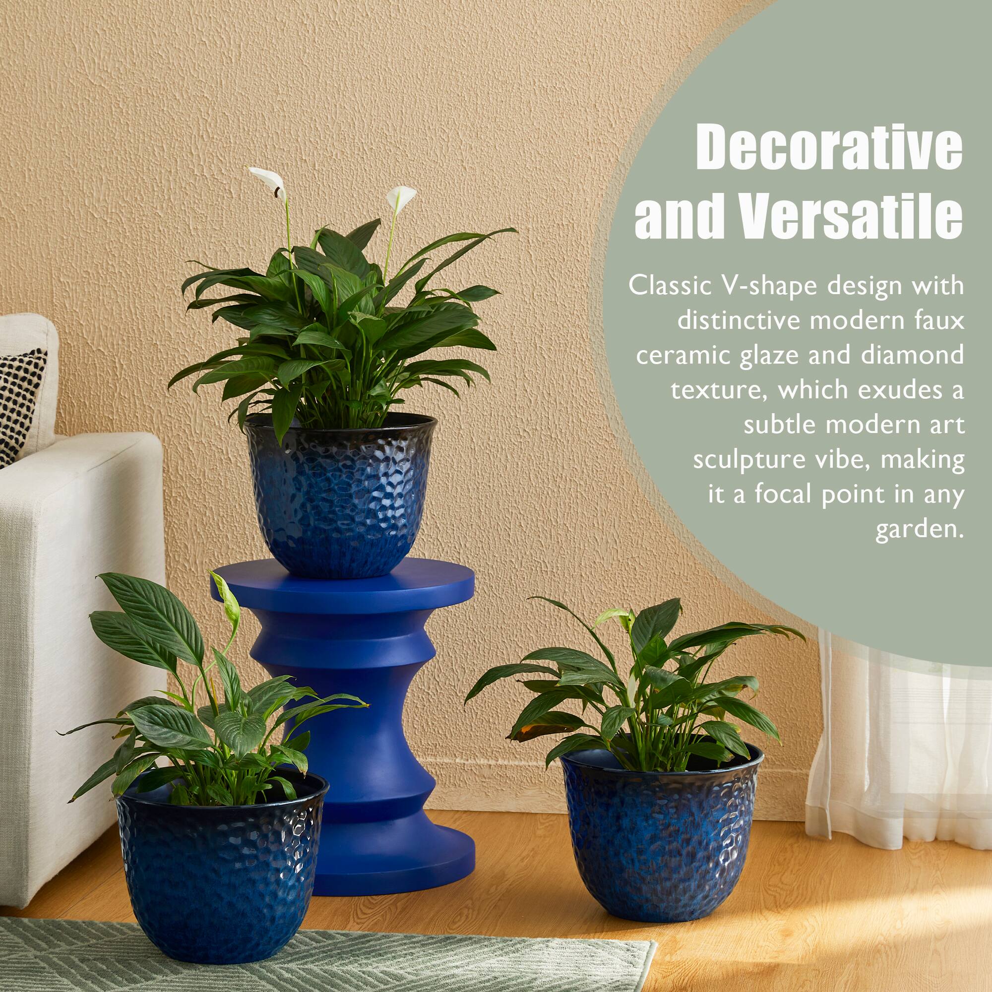 Glitzhome&#xAE; 11.75&#x22; Honeycomb Textured Cobalt Blue Faux Ceramic Plastic Planters, 3ct.