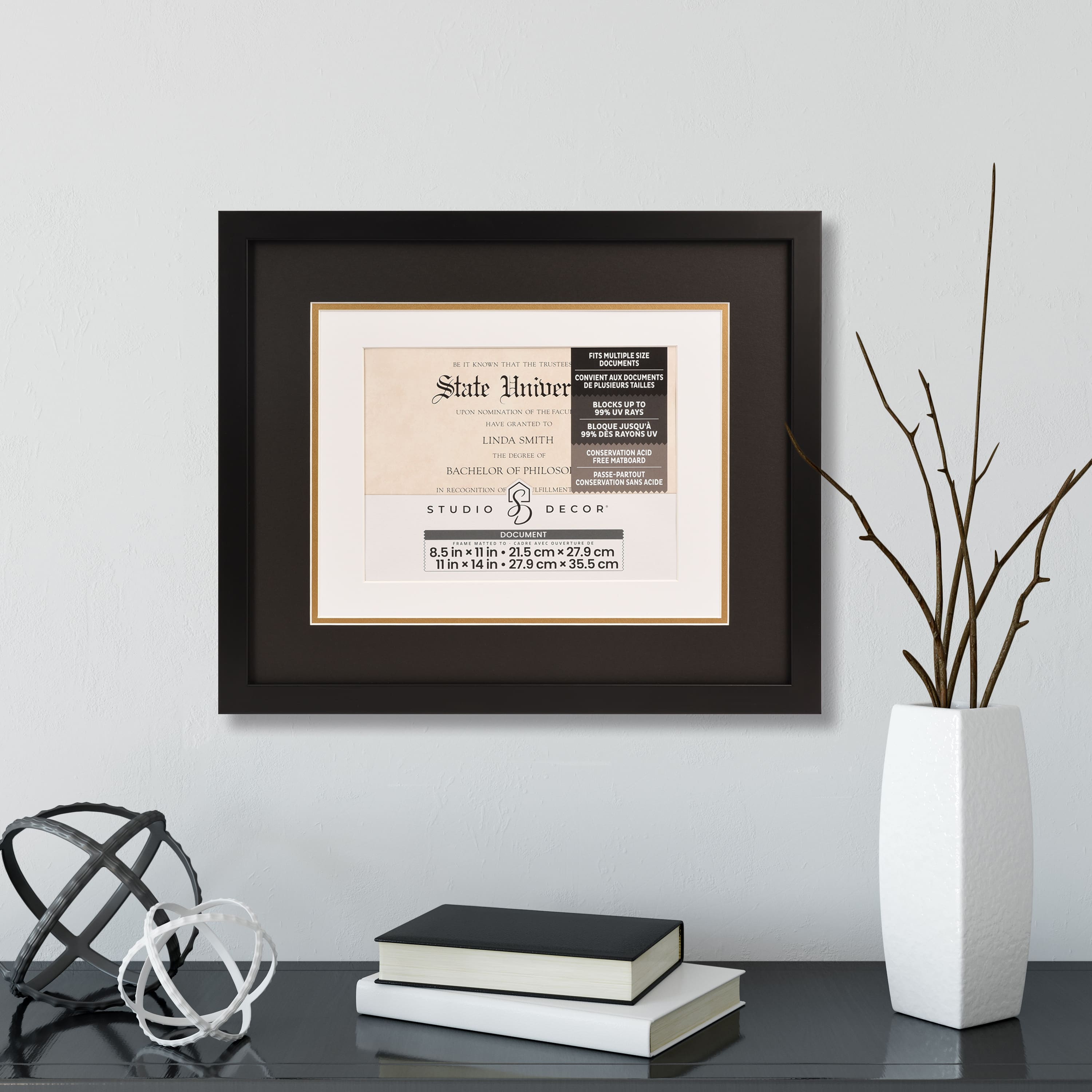 8.5" x 11" Black Document Frame with Triple Mat by Studio Décor