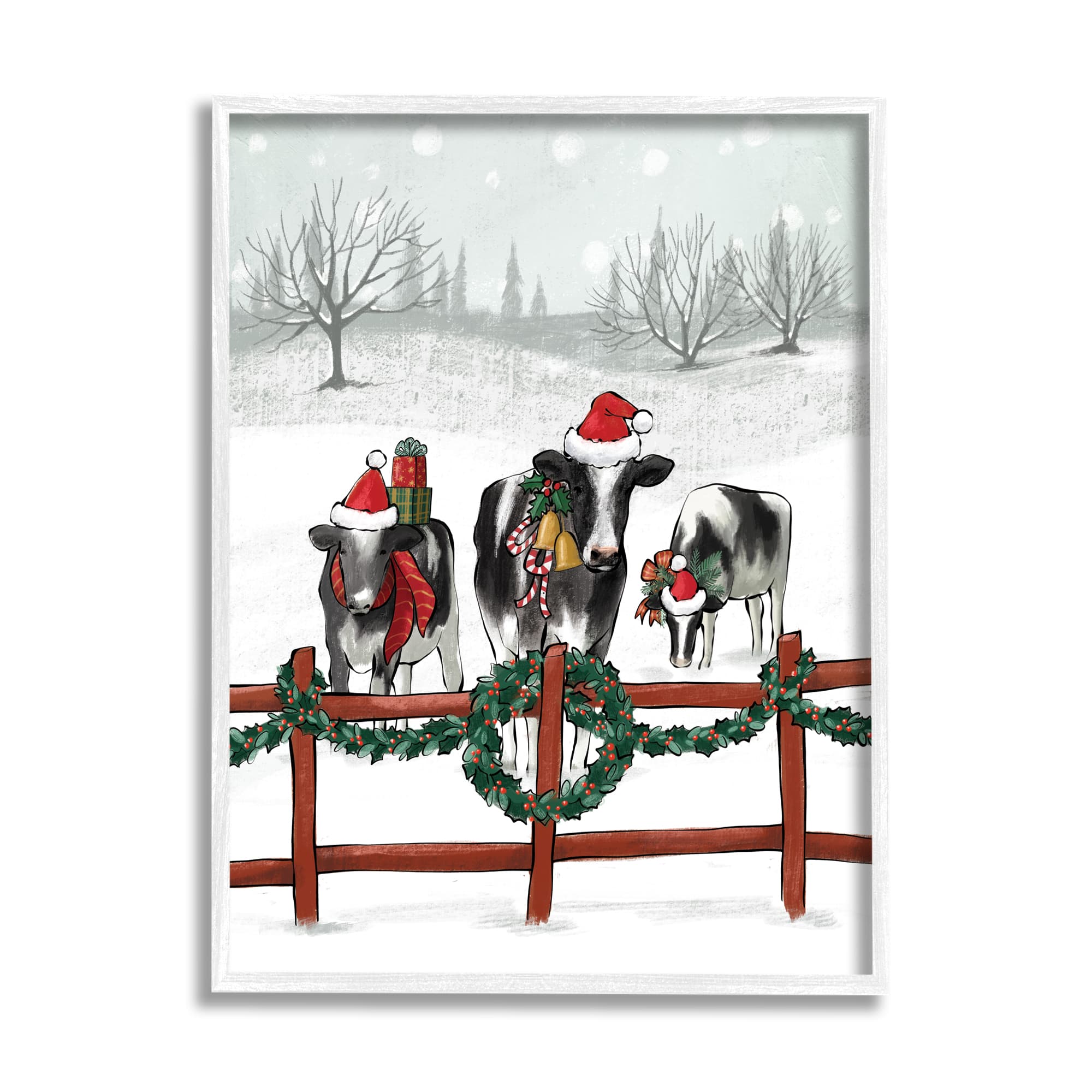 Stupell Industries Holiday Cows Farmland Fence Framed Giclee Art