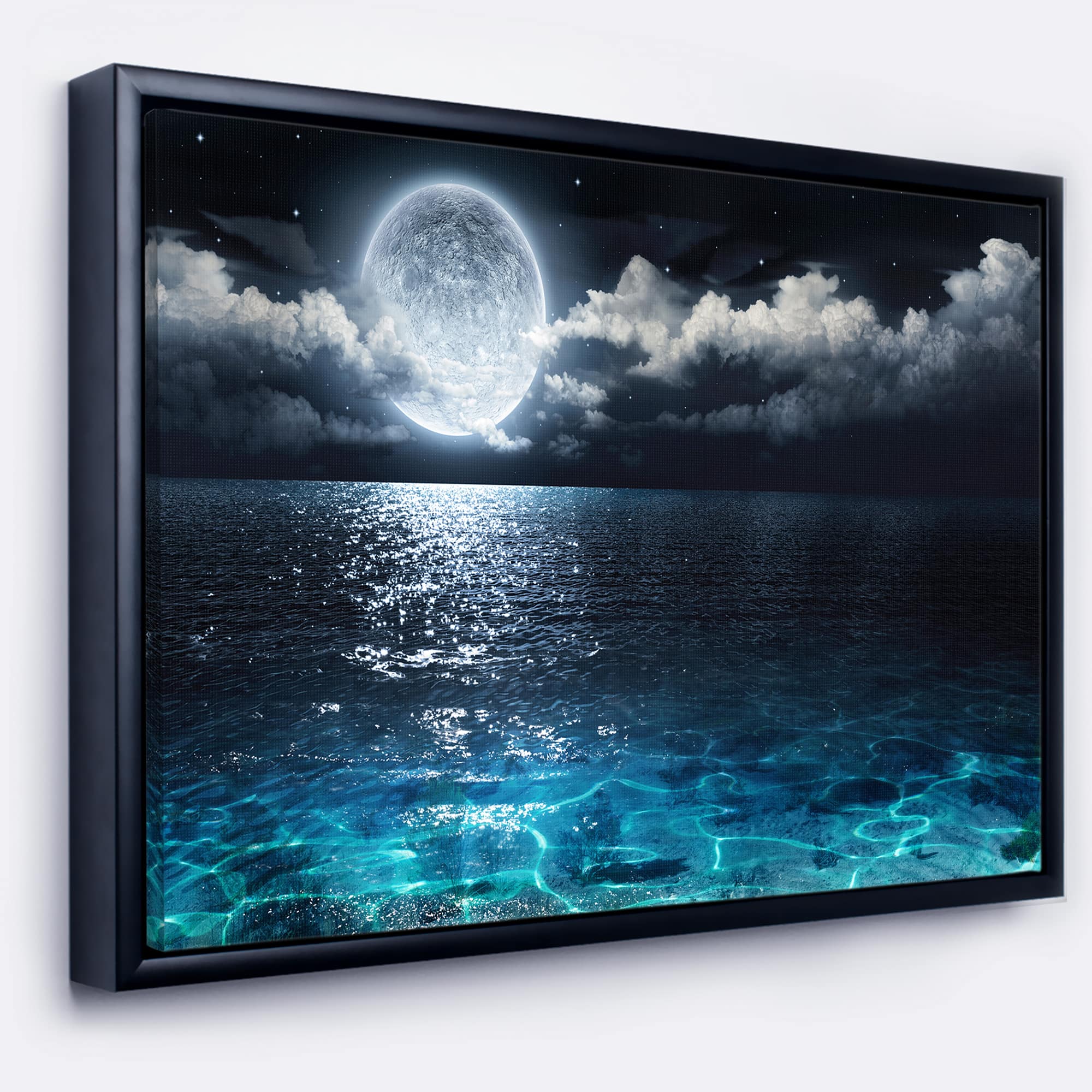 Designart - Romantic Full Moon Over Sea - Seascape Framed Canvas Art Print