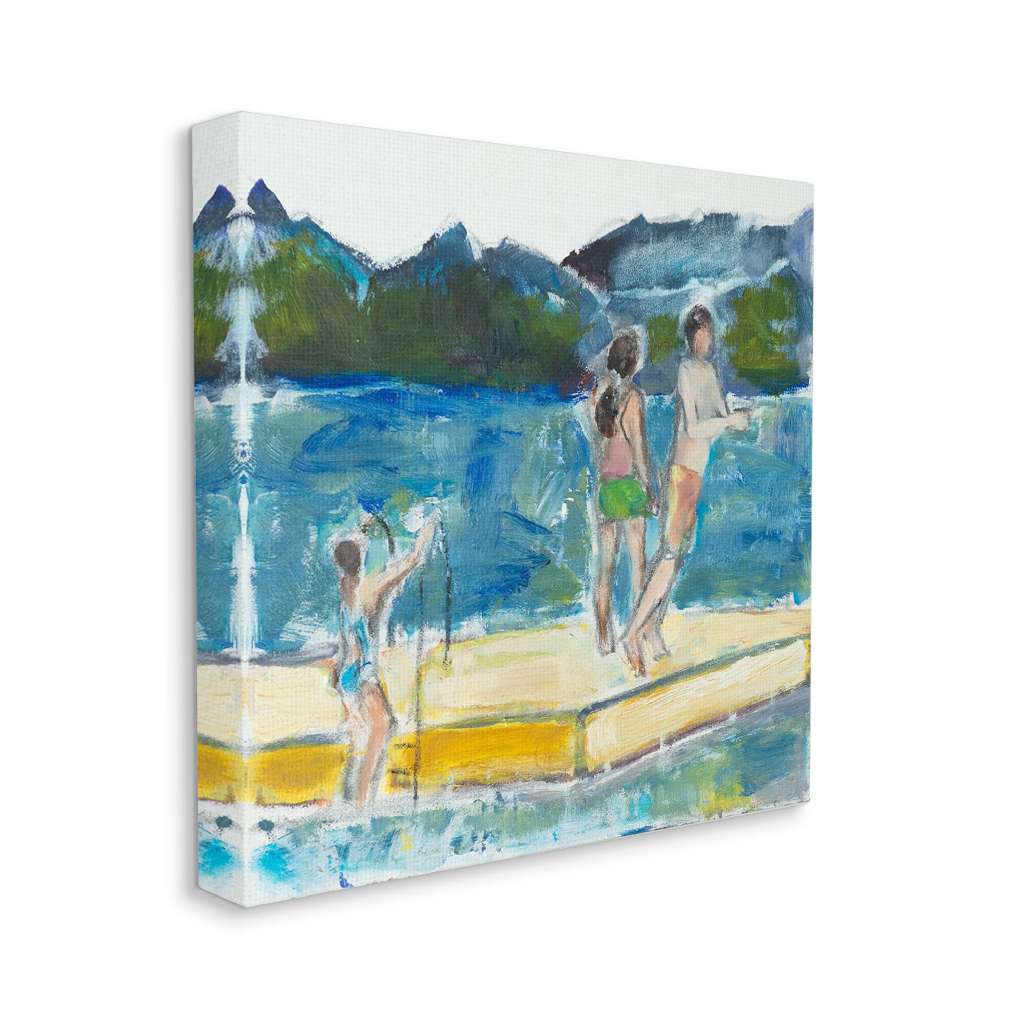Stupell Industries Kids on Swimming Dock Abstract Contemporary Lake Scene Canvas Wall Art