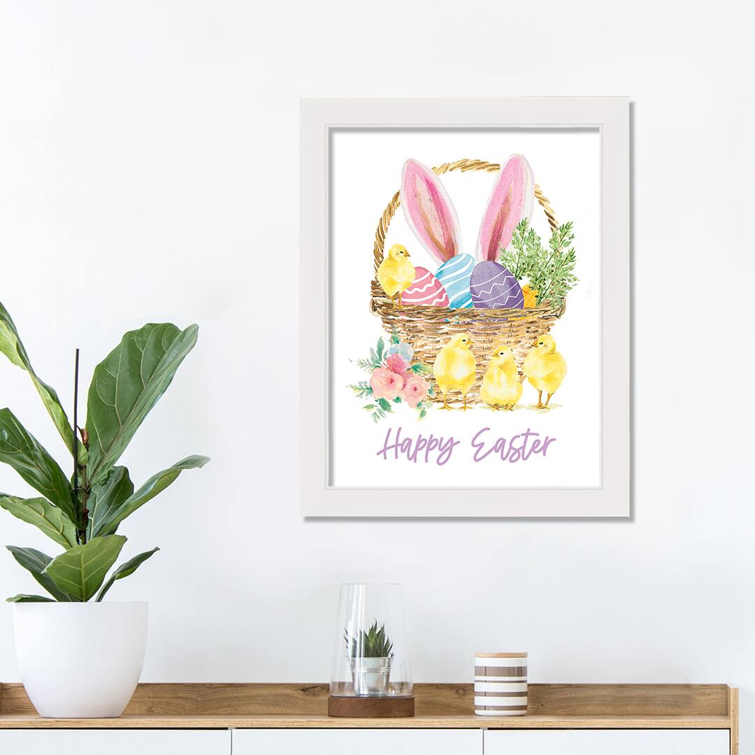 Egg and Chick Basket 12&#x22; x 16&#x22; White Framed Print Under Plexiglass