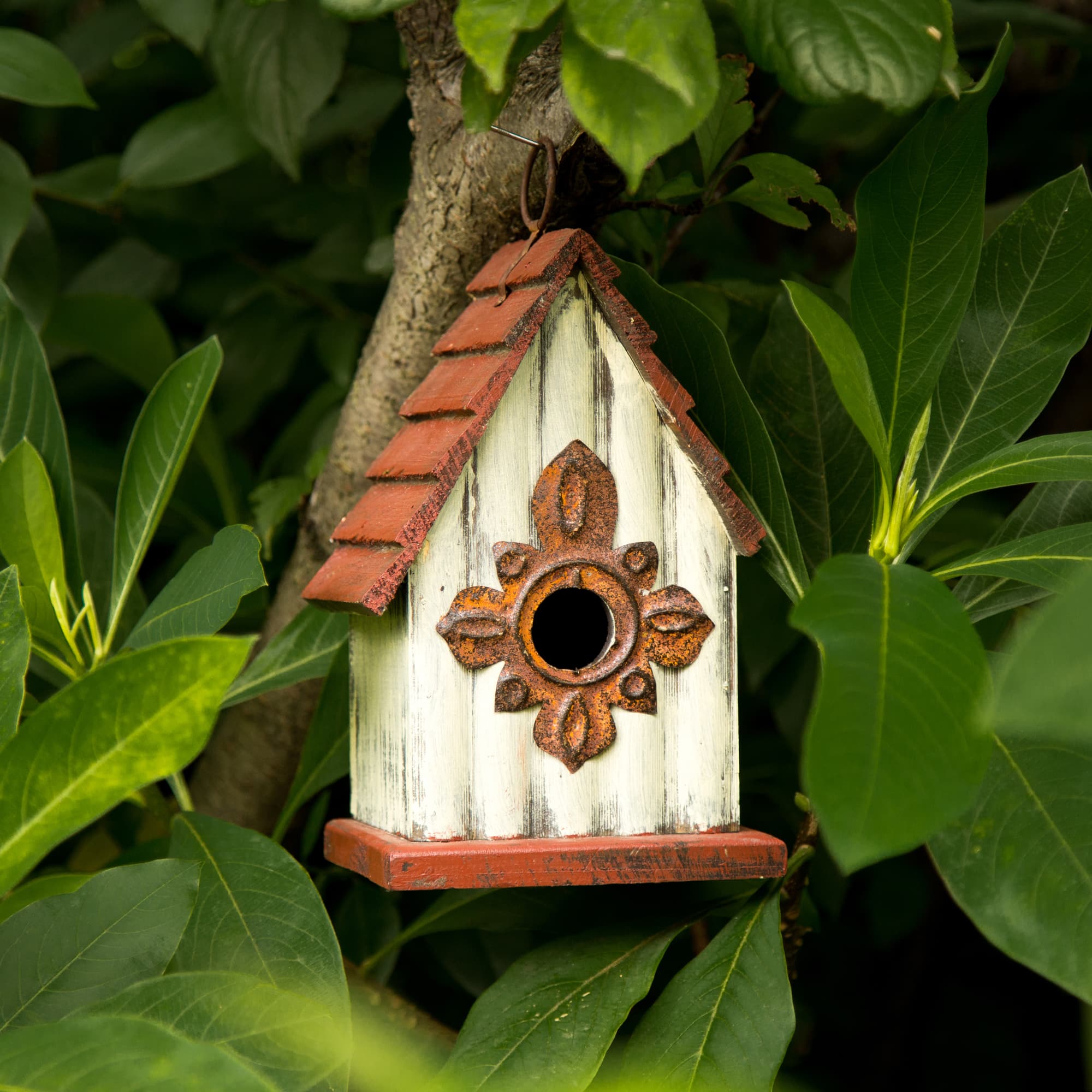 Glitzhome® Tall White & Red Distressed Wood Bird House