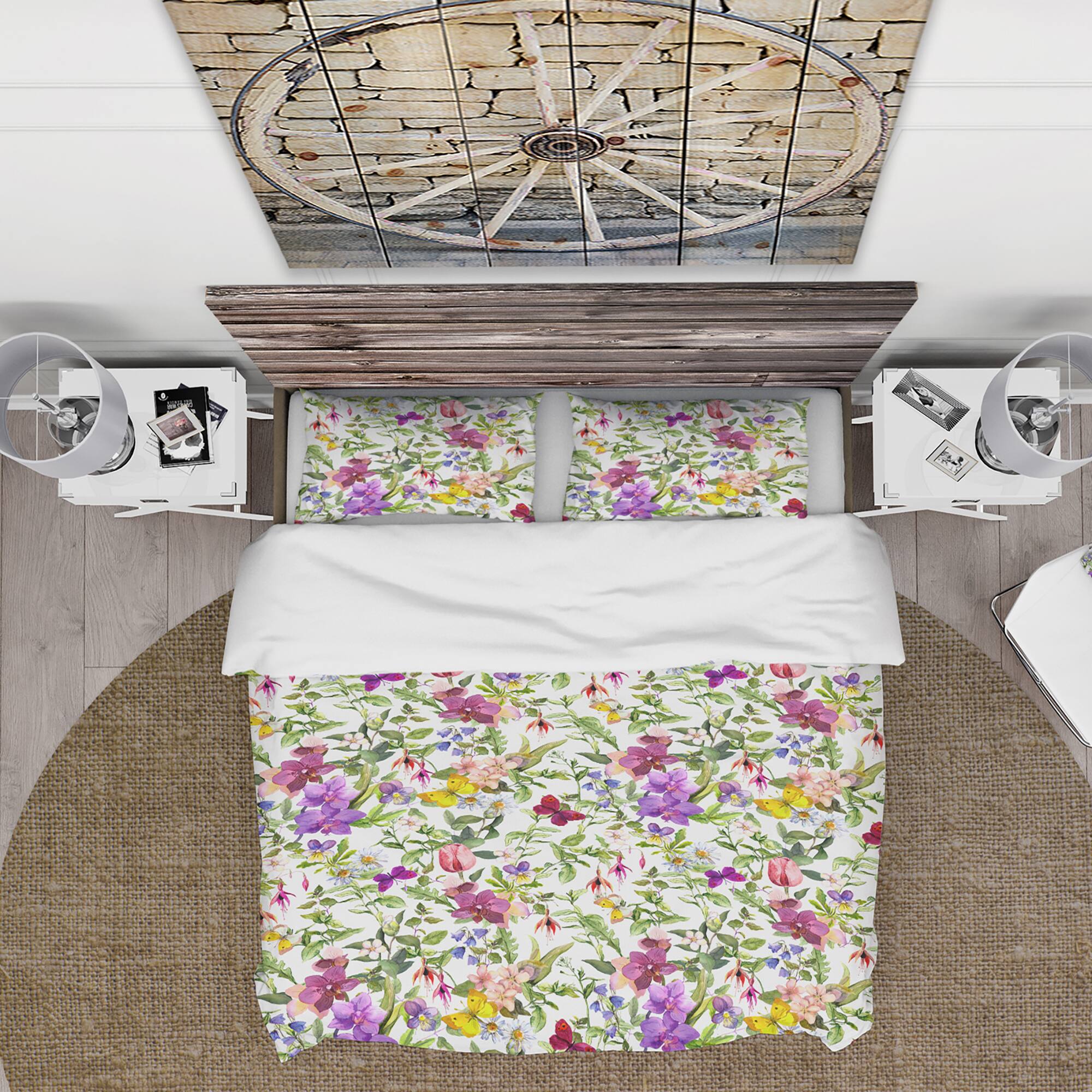 Designart &#x27;Purple Blossoming Orchids and Yellow Butterflies&#x27; Floral Bedding Set - Duvet Cover &#x26; Shams