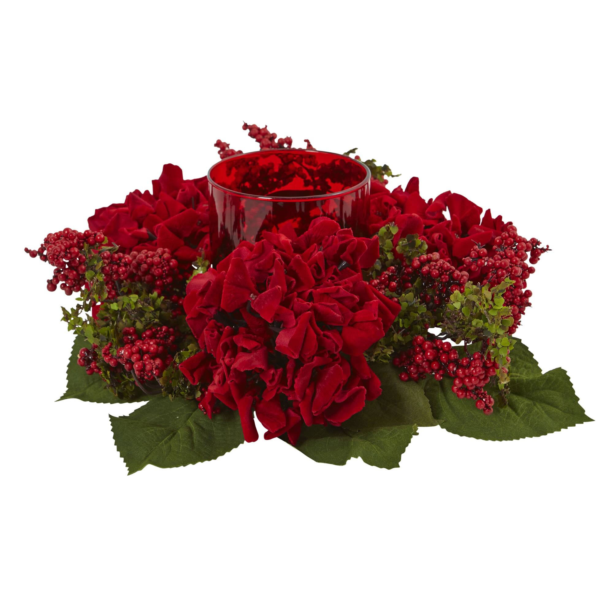 6" Red Hydrangea & Berry Candelabrum