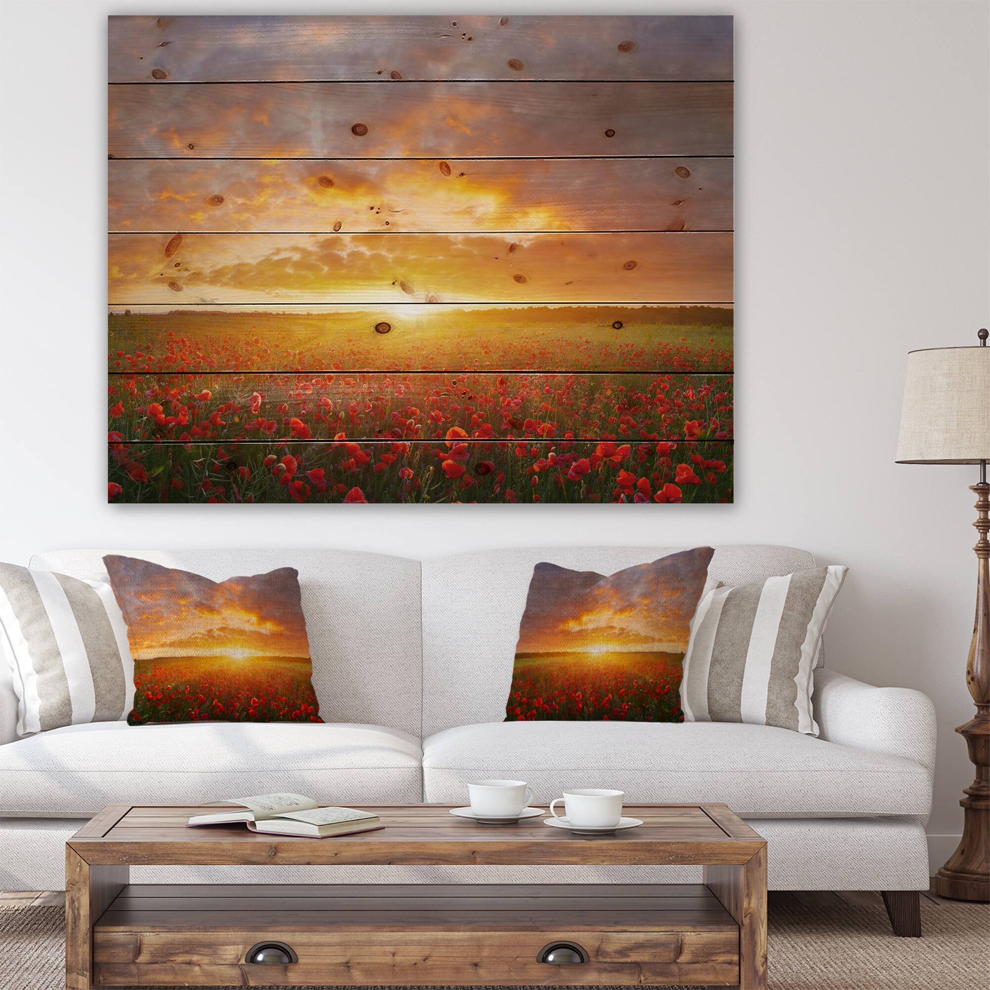 Designart - Poppy Field under Bright Sunset - Landscape Print on Natural Pine Wood
