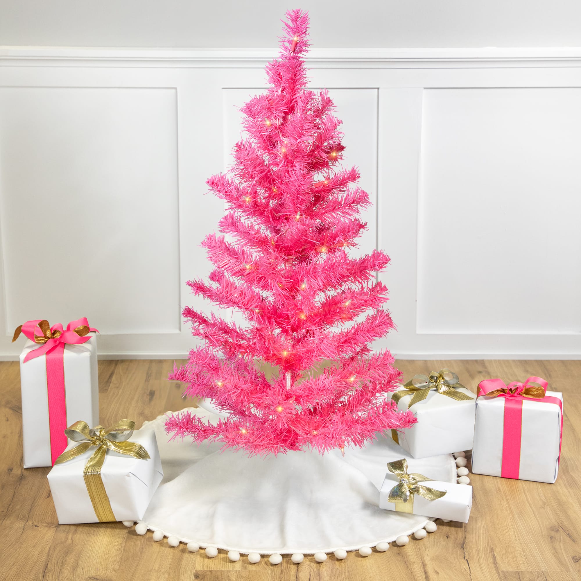 3ft. Pre-Lit Pink Tinsel Artificial Christmas Tree, Clear Lights