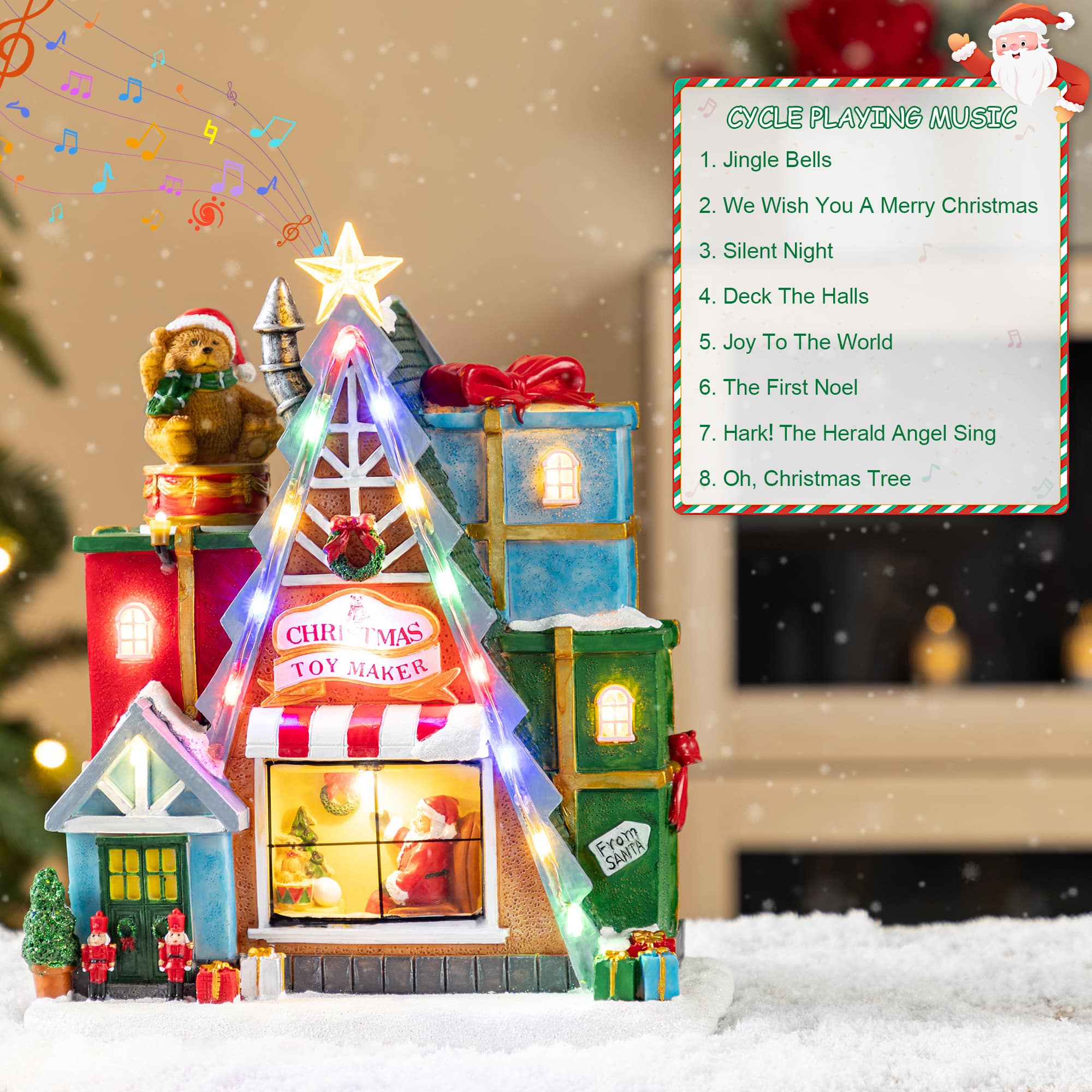 Glitzhome&#xAE; 10.75&#x22; Lighted CHRISTMAS TOY MARKET Resin Village with Movement and Music
