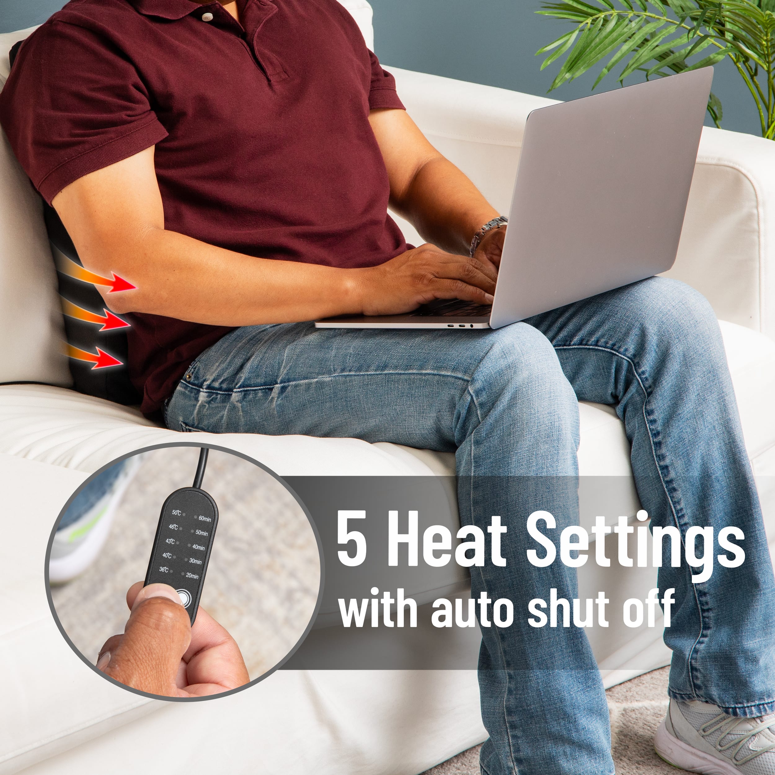 Mind Reader Heated Air-Cloud Lumbar Cushion, Ergonomic Memory Foam Back Support Pillow with Adjustable Heat Settings and Timer, Black