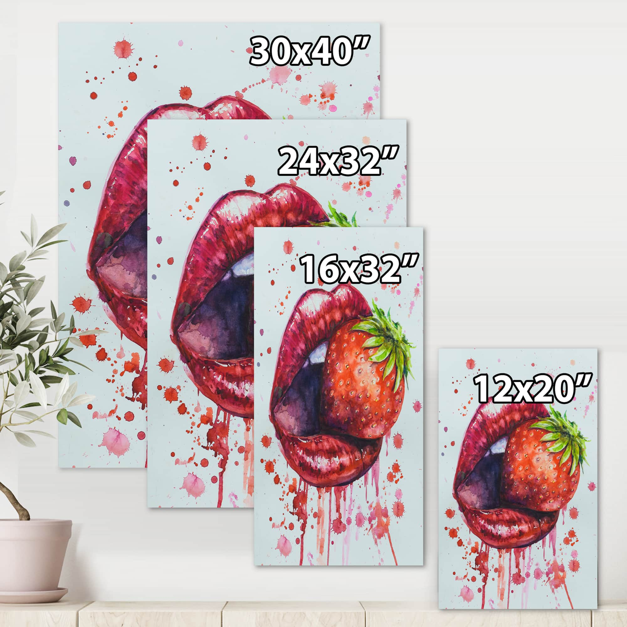 Designart - Red Woman Lips Eating A Strawberry - Modern Canvas Wall Art Print