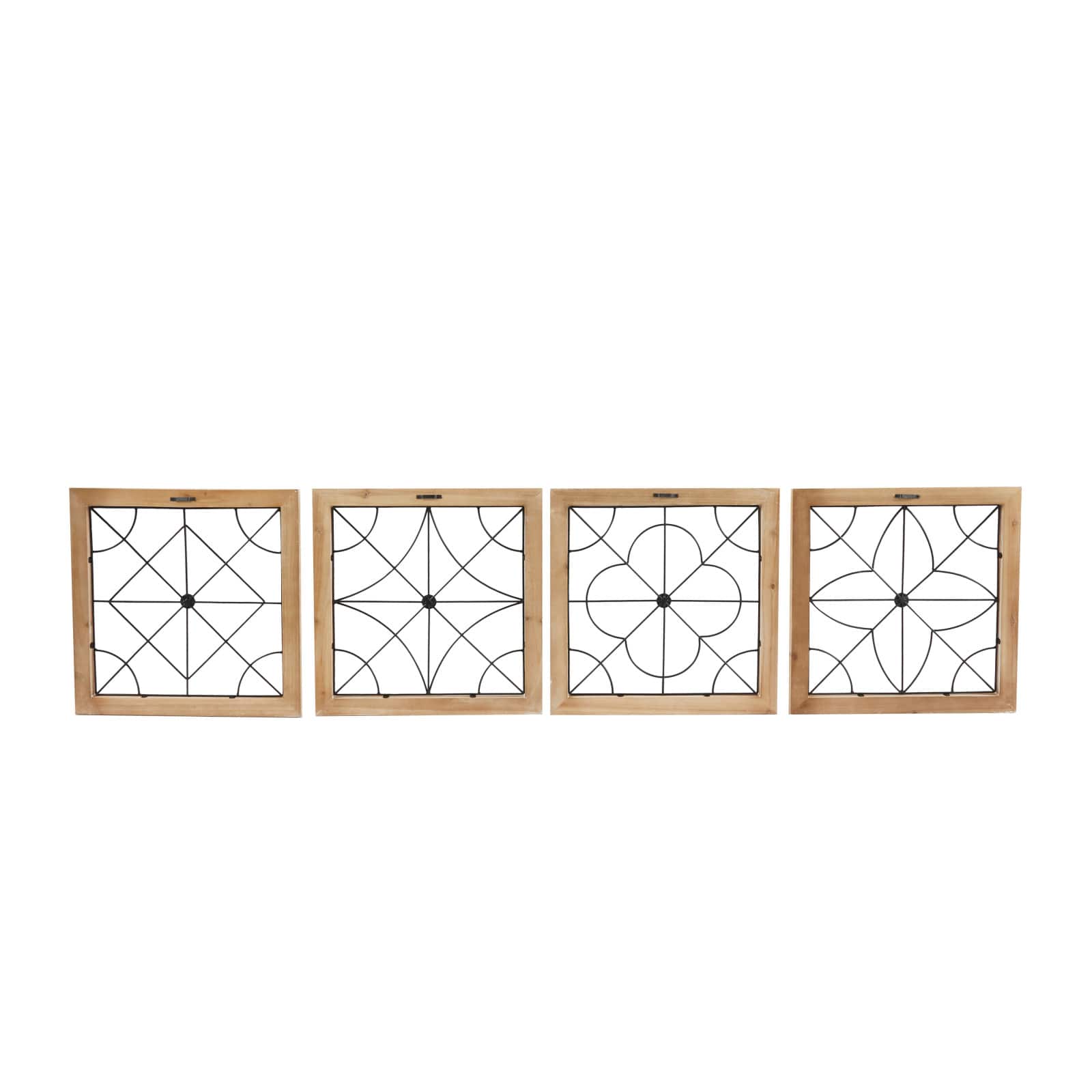 Brown Wood Carved Beading Geometric Wall Decor with Metal Wire Set of 4 16", 16"