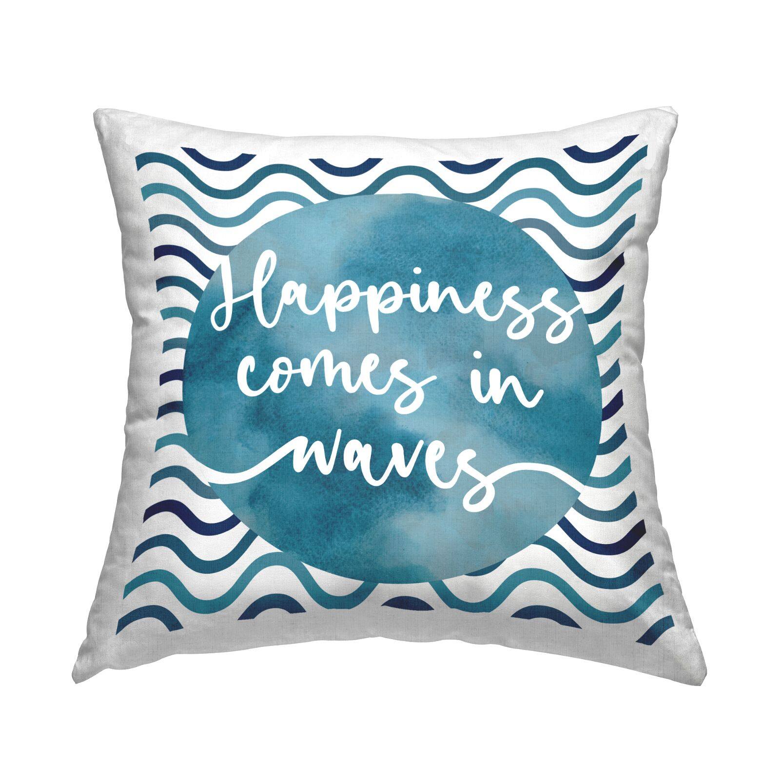 Stupell Industries Happiness Comes Nautical Quote Wavy Stripes Throw Pillow, 18" x 18"
