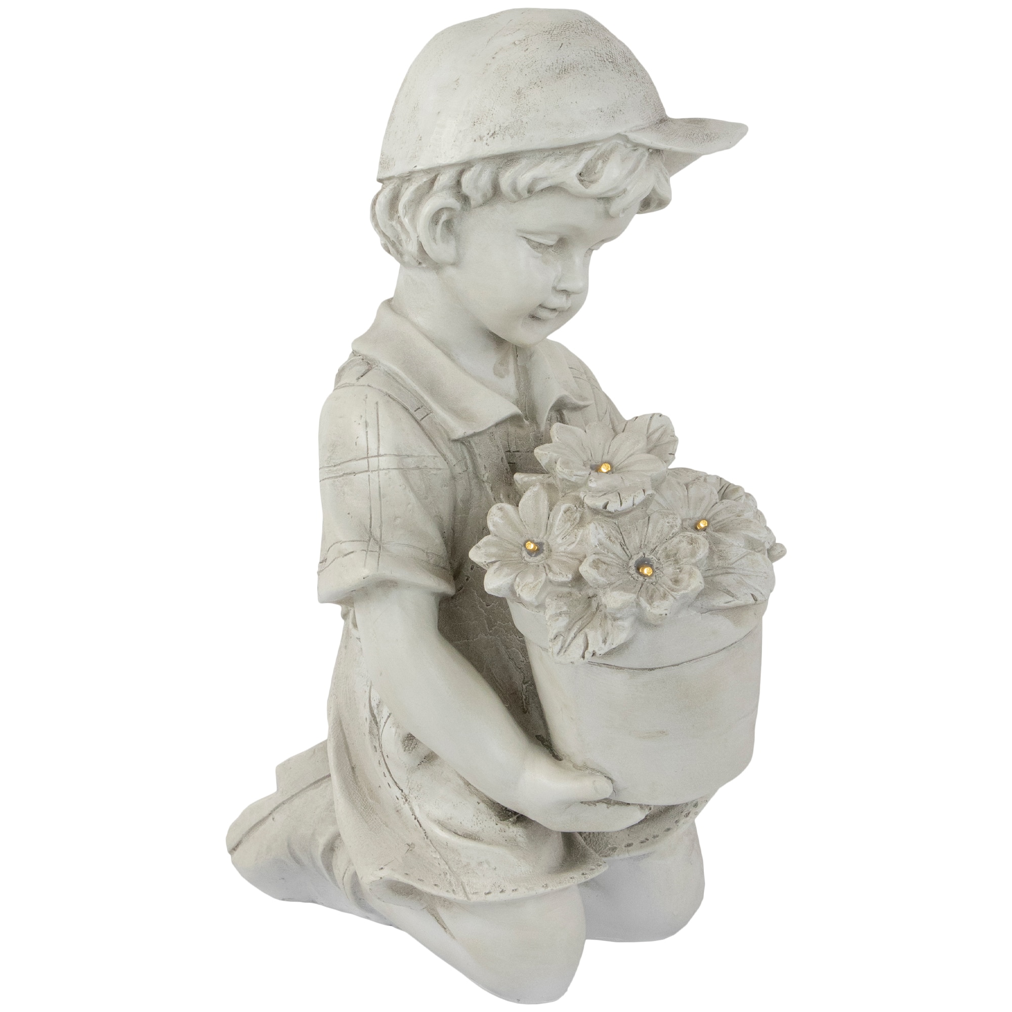 15&#x22; Solar LED-Lit Boy with Flowers Outdoor Garden Statue