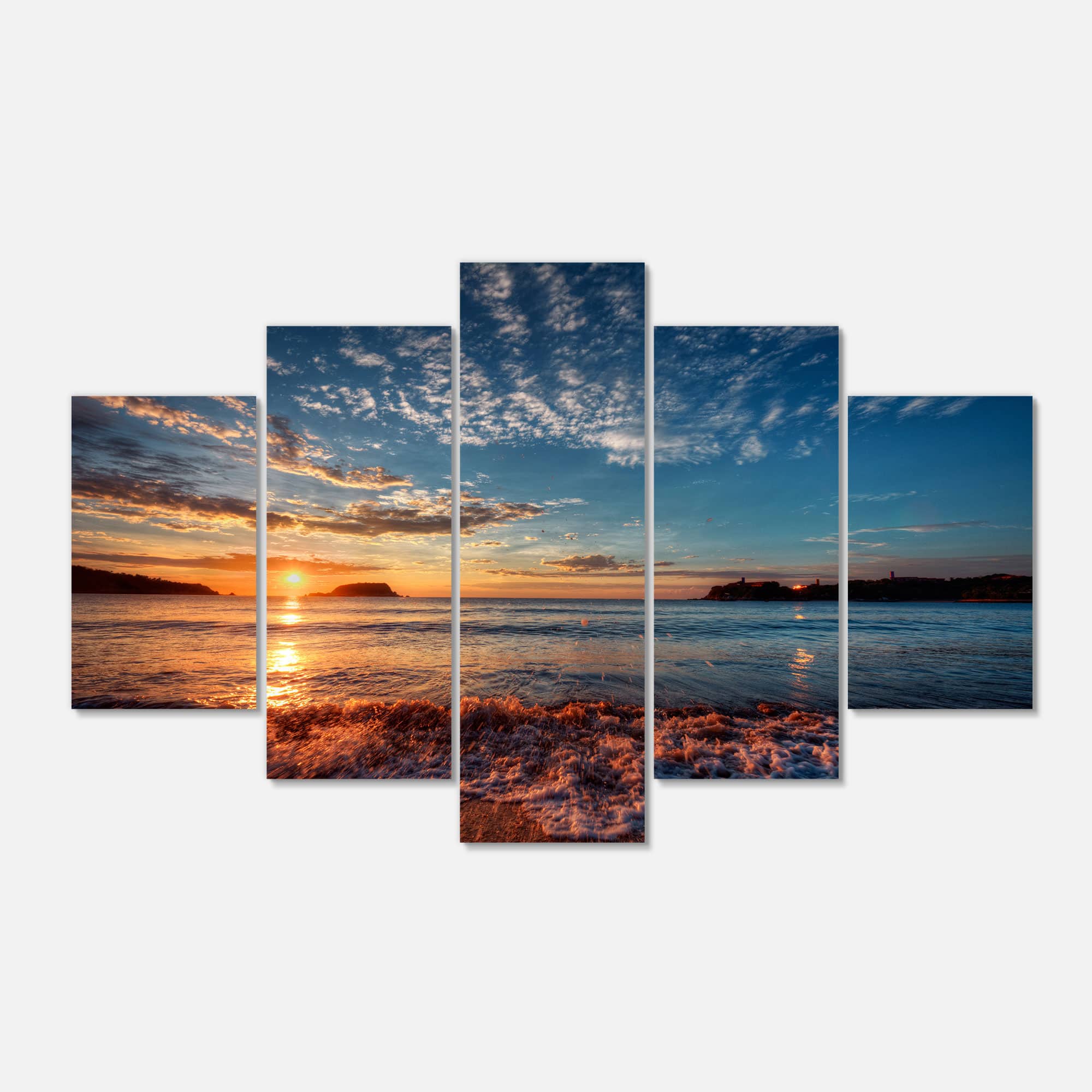 Designart - Tranquil Beach and Whimsical Clouds - Seashore Photo Canvas Art Print in Blue | 60" x 32" - 5 Panels Diamond Shape | Michaels&reg;