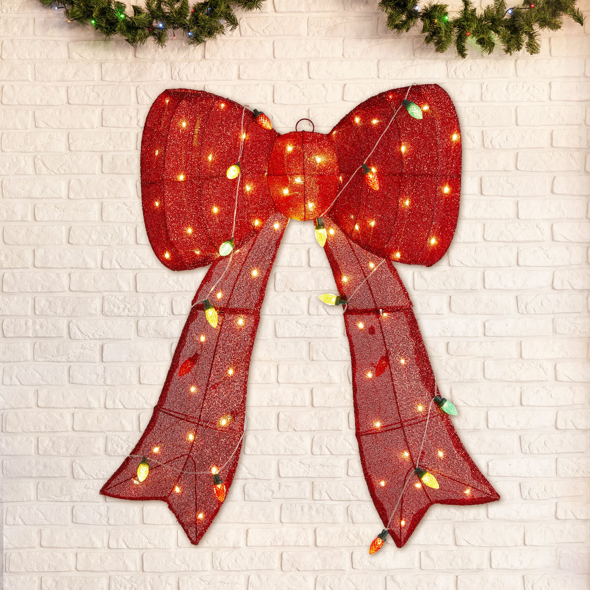 Glitzhome&#xAE; 35.75&#x22;H Lighted Christmas 3D Fabric Bow Outdoor Decor