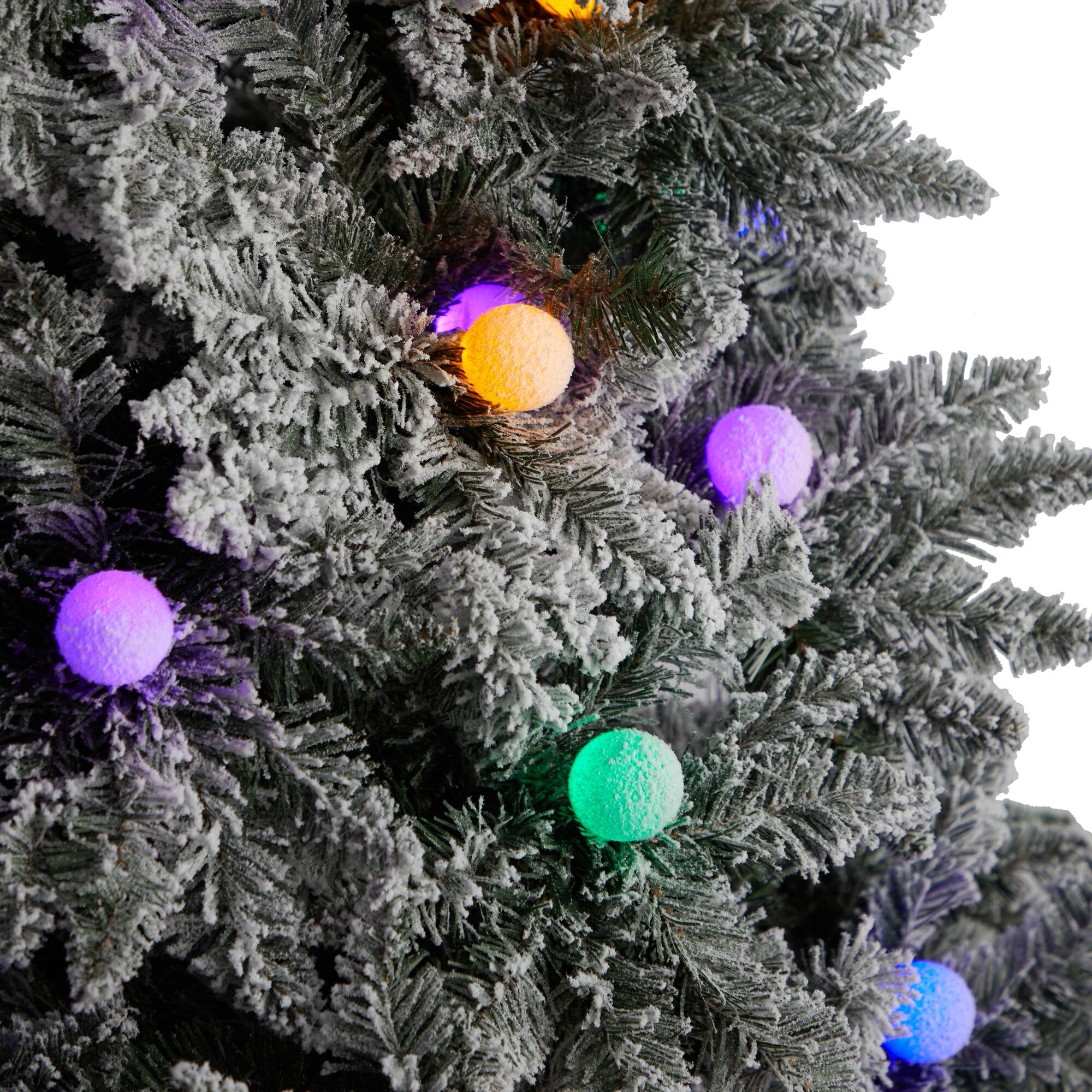 9.5ft. Pre-Lit Flocked British Columbia Mountain Fir Artificial Christmas Tree, Multicolor Globe Bulbs