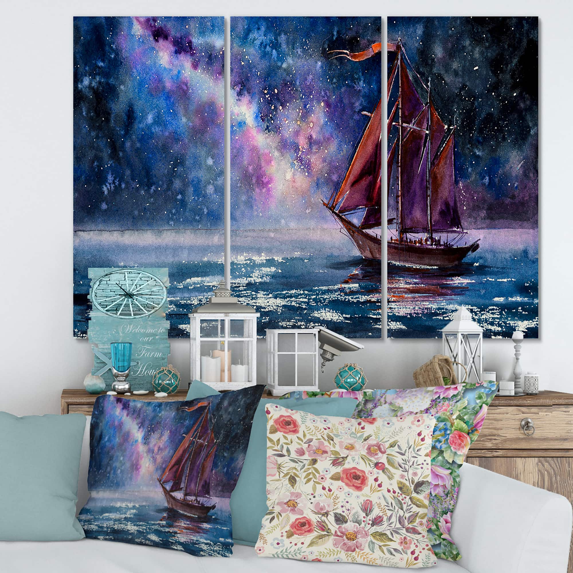 Designart - Wooden Sailboat With Red Sails & Bright Night Sky