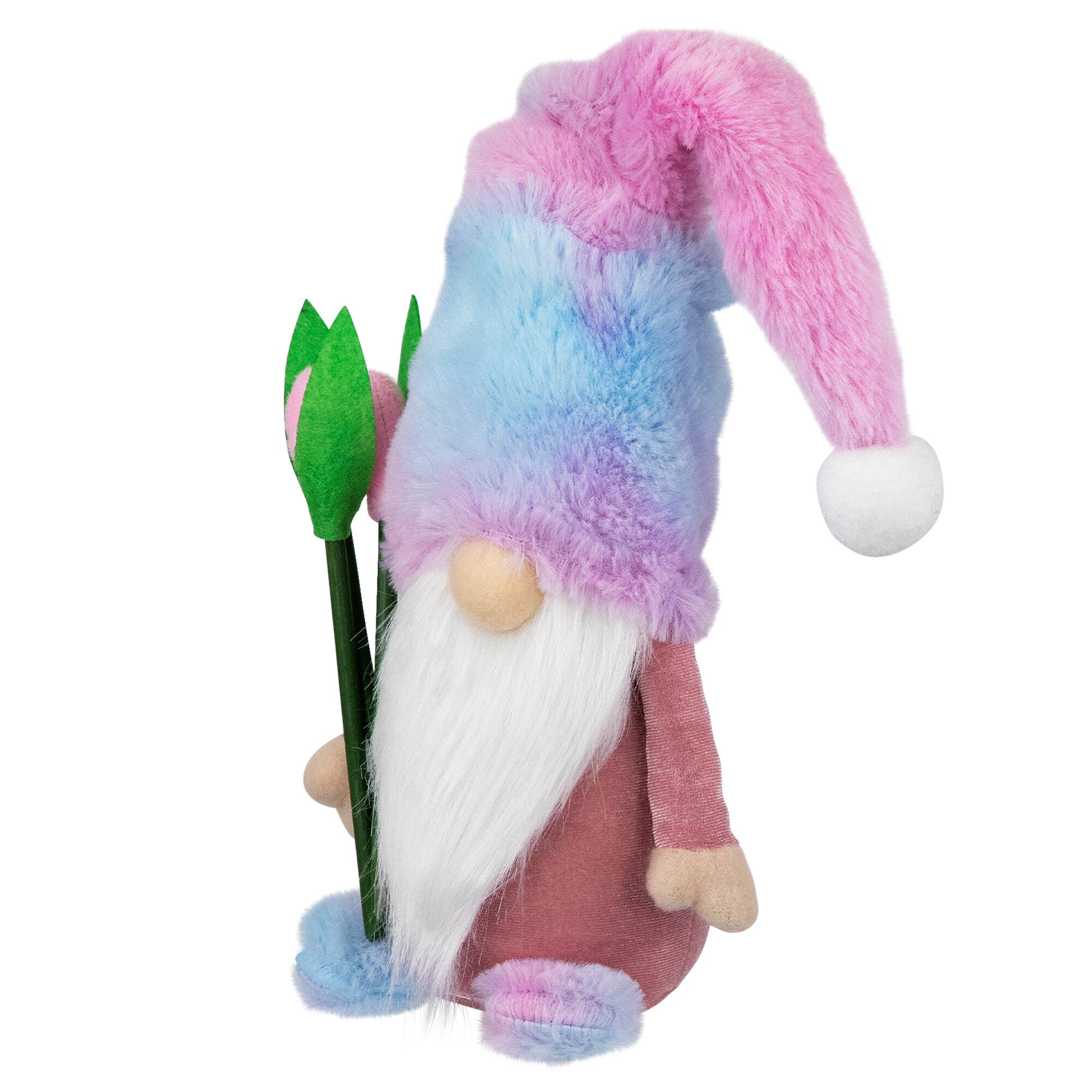 15&#x22; Purple &#x26; Blue Gnome Boy with Tulips Spring Figurine