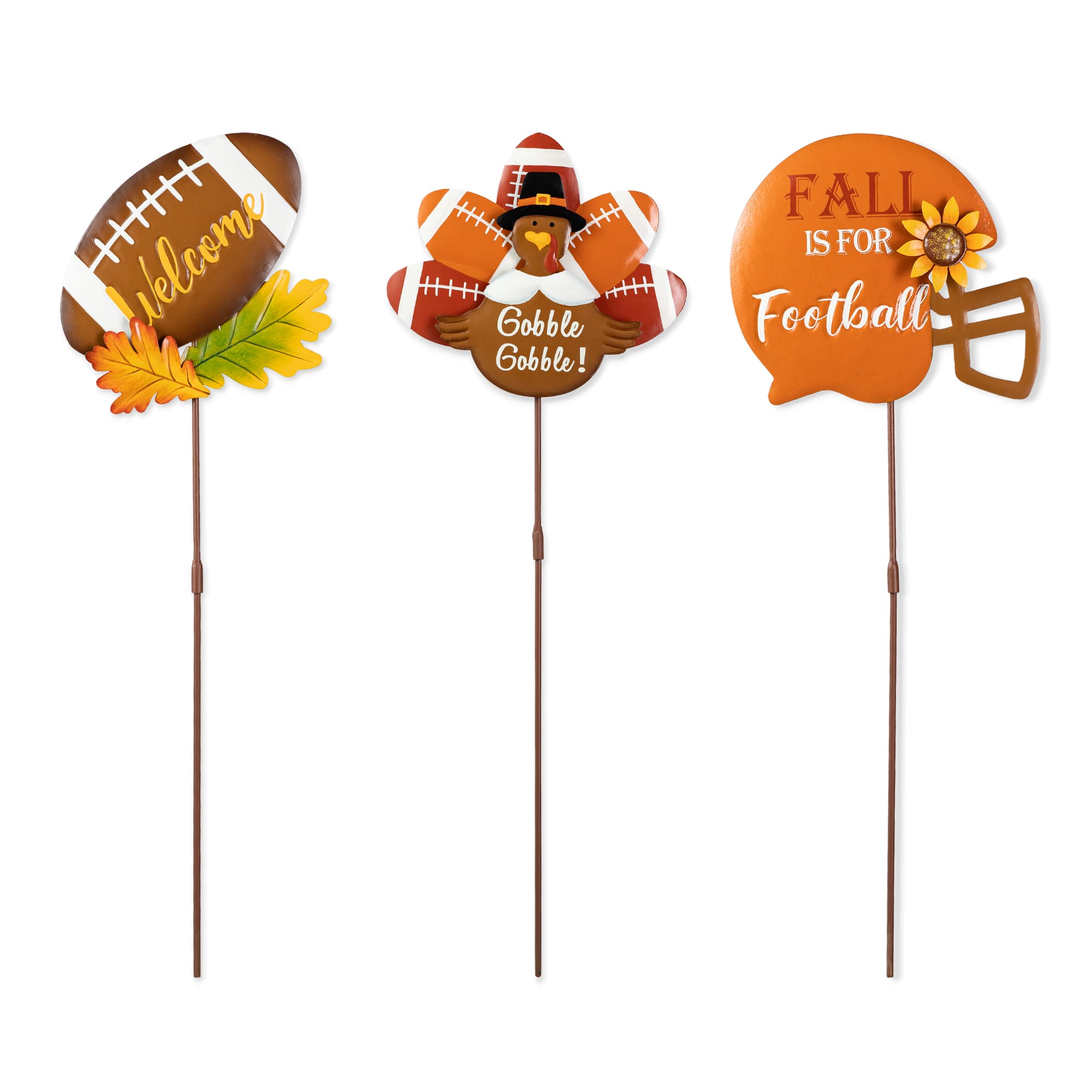 Glitzhome&#xAE; 24&#x22; Thanksgiving Metal Football &#x26; Turkey Yard Stakes Set