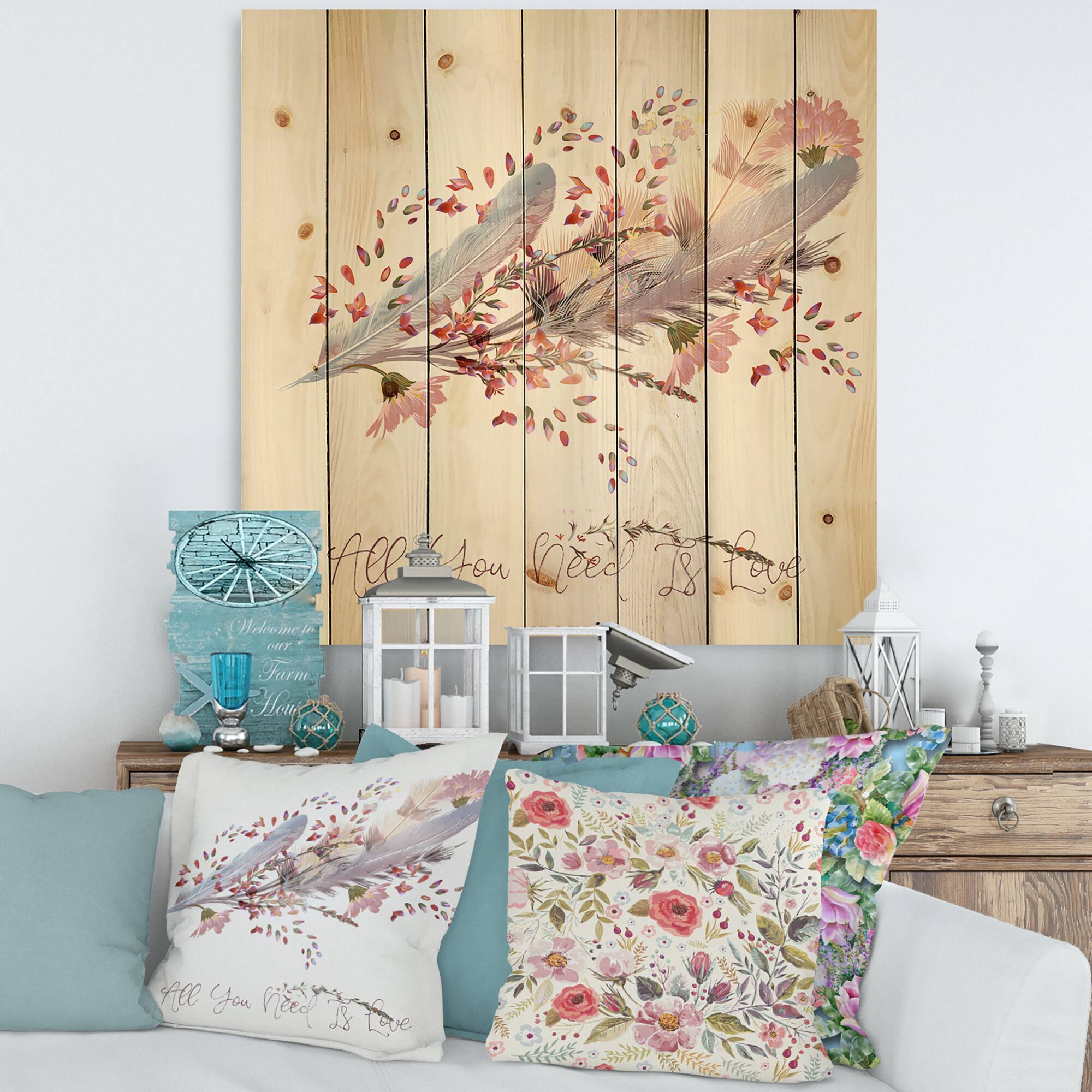 Designart - Pink Feathers and Bird All You Need Is Love - Bohemian & Eclectic Print on Natural Pine Wood
