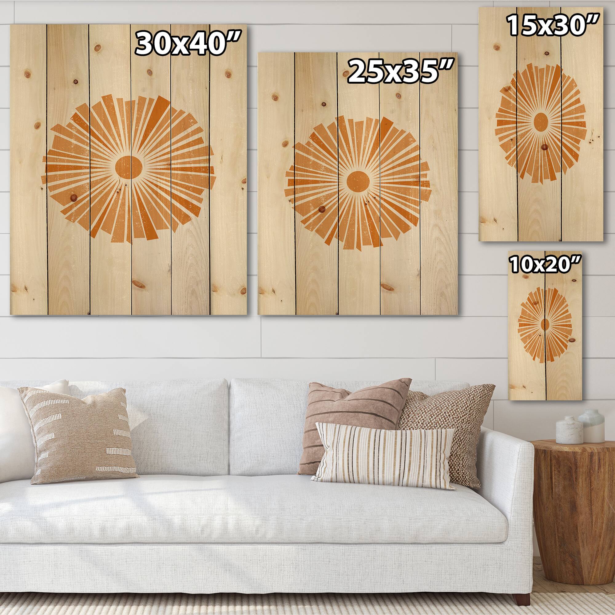 Designart - Minimal Orange Radiant Sun I - Modern Print on Natural Pine Wood