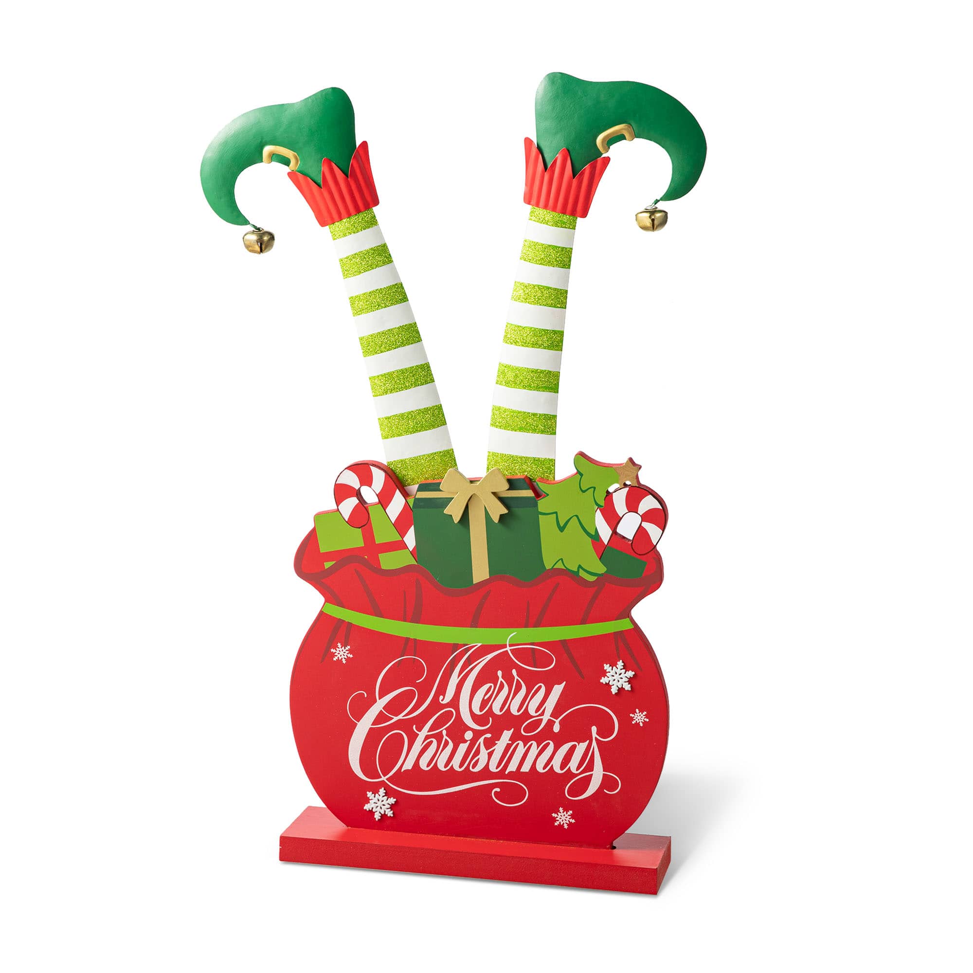 Glitzhome® 2ft. Wood & Metal Elf Legs in Gift Box Porch Décor